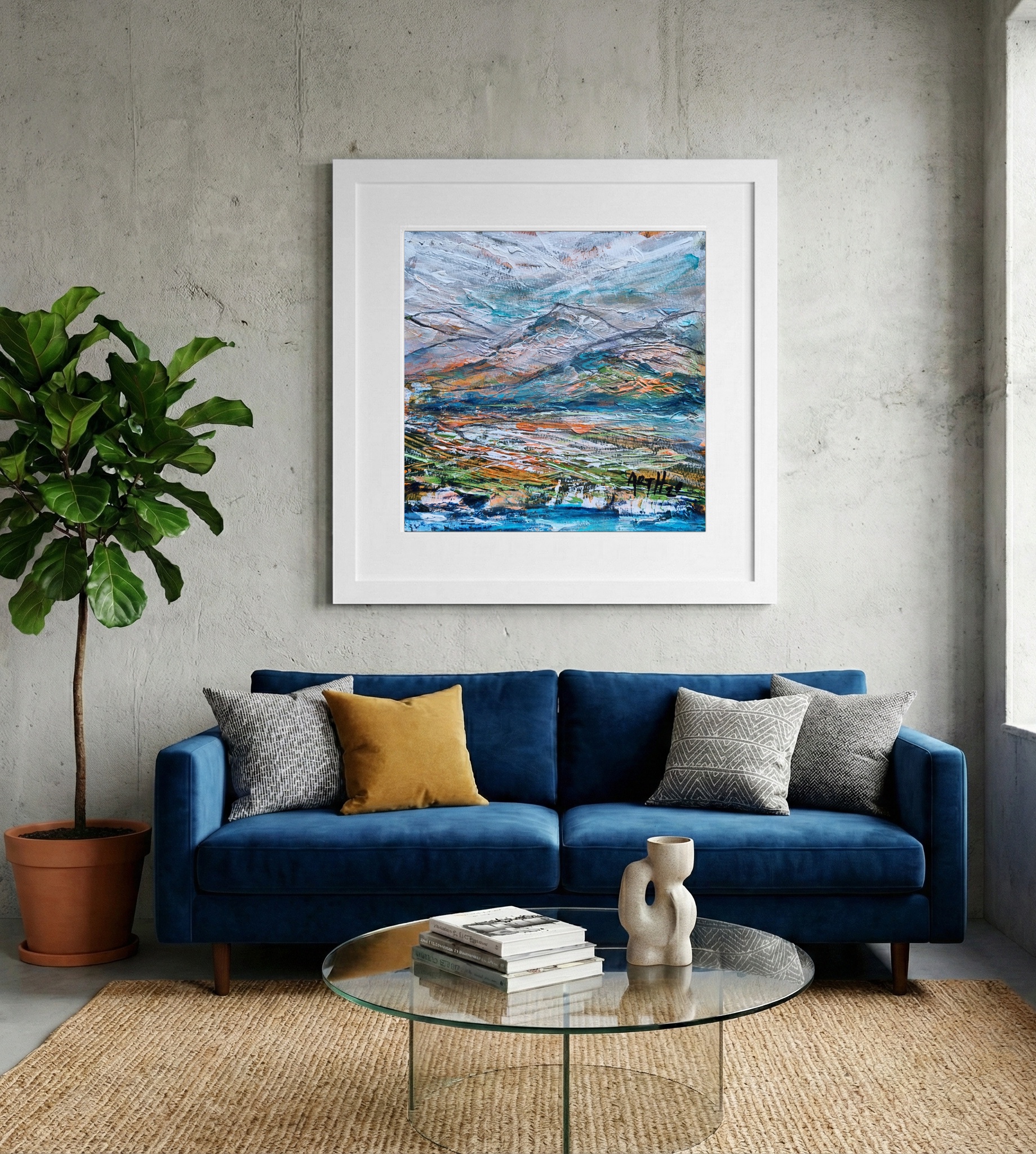 Turquoise Peaks in Abstract Acrylic — art on the wall, room interior preview 2