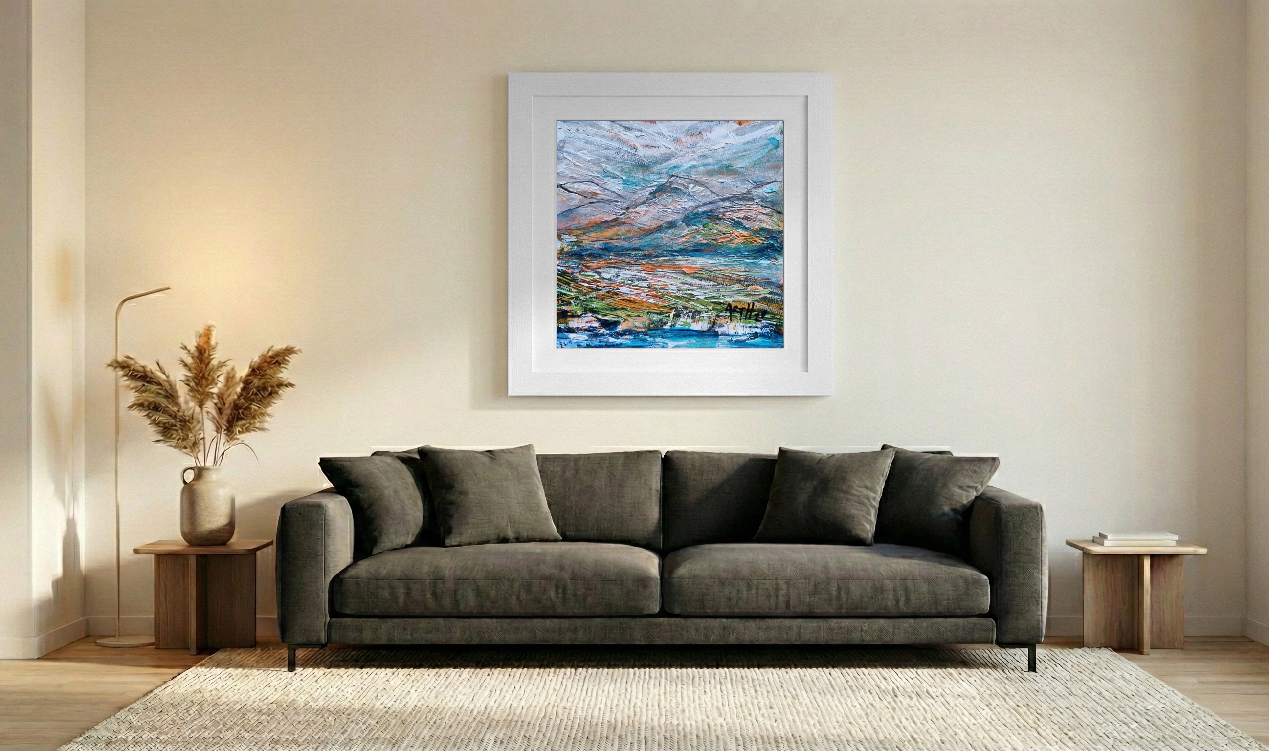 Turquoise Peaks in Abstract Acrylic — art on the wall, room interior preview 3