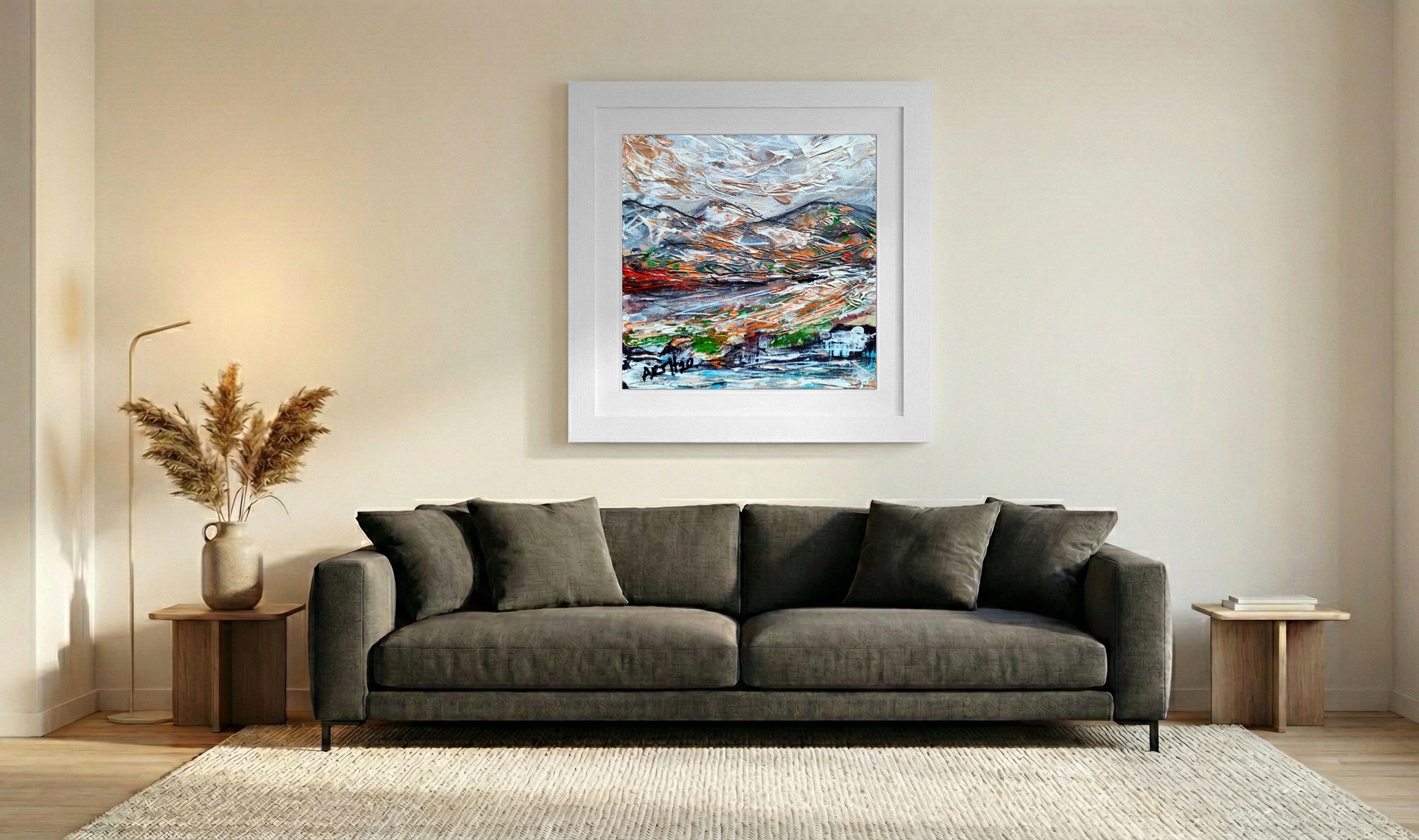 Teal and Earthy Mountain Abstract — art on the wall, room interior preview 3