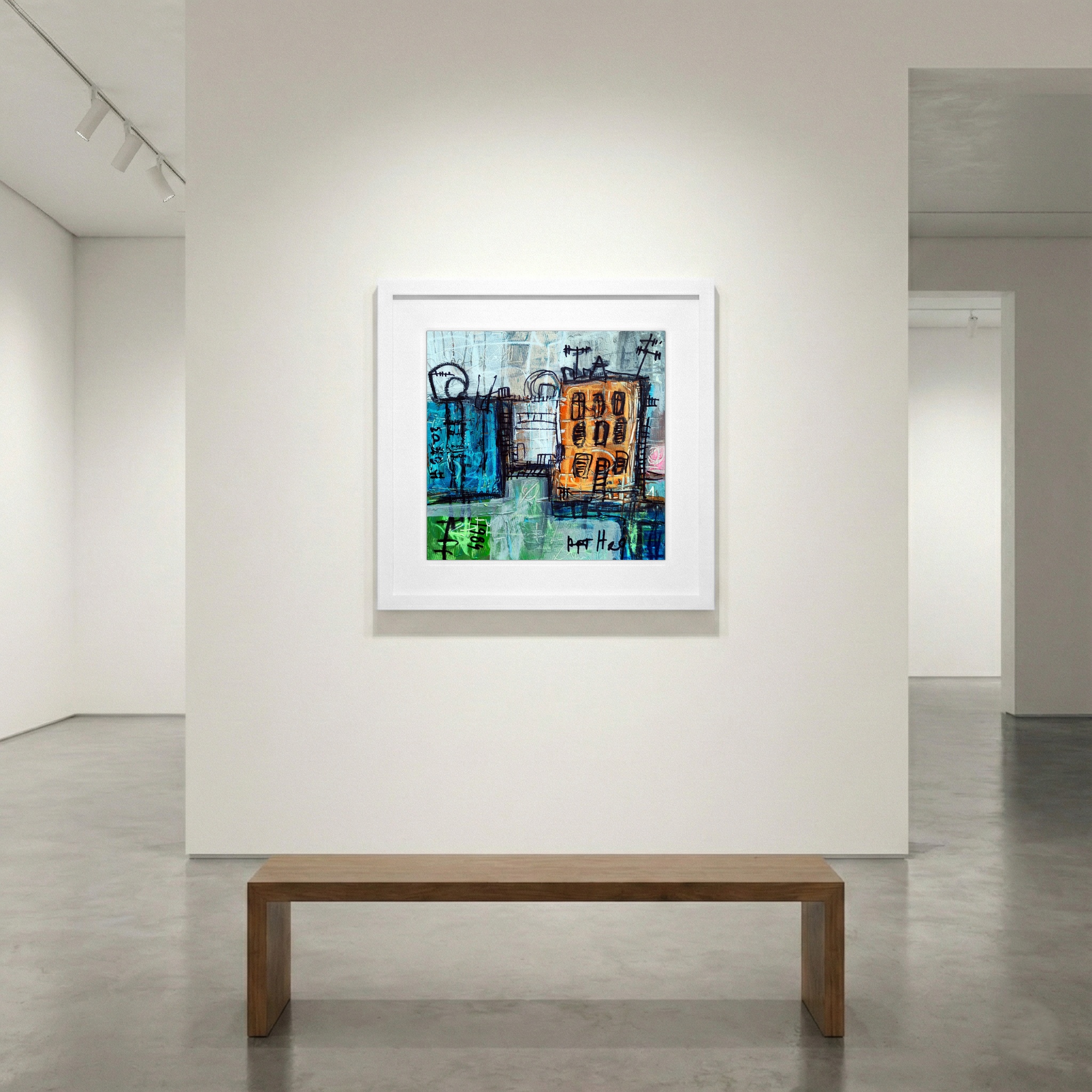 Urban Energy Cityscape in Orange and Blue — art on the wall, room interior preview 1