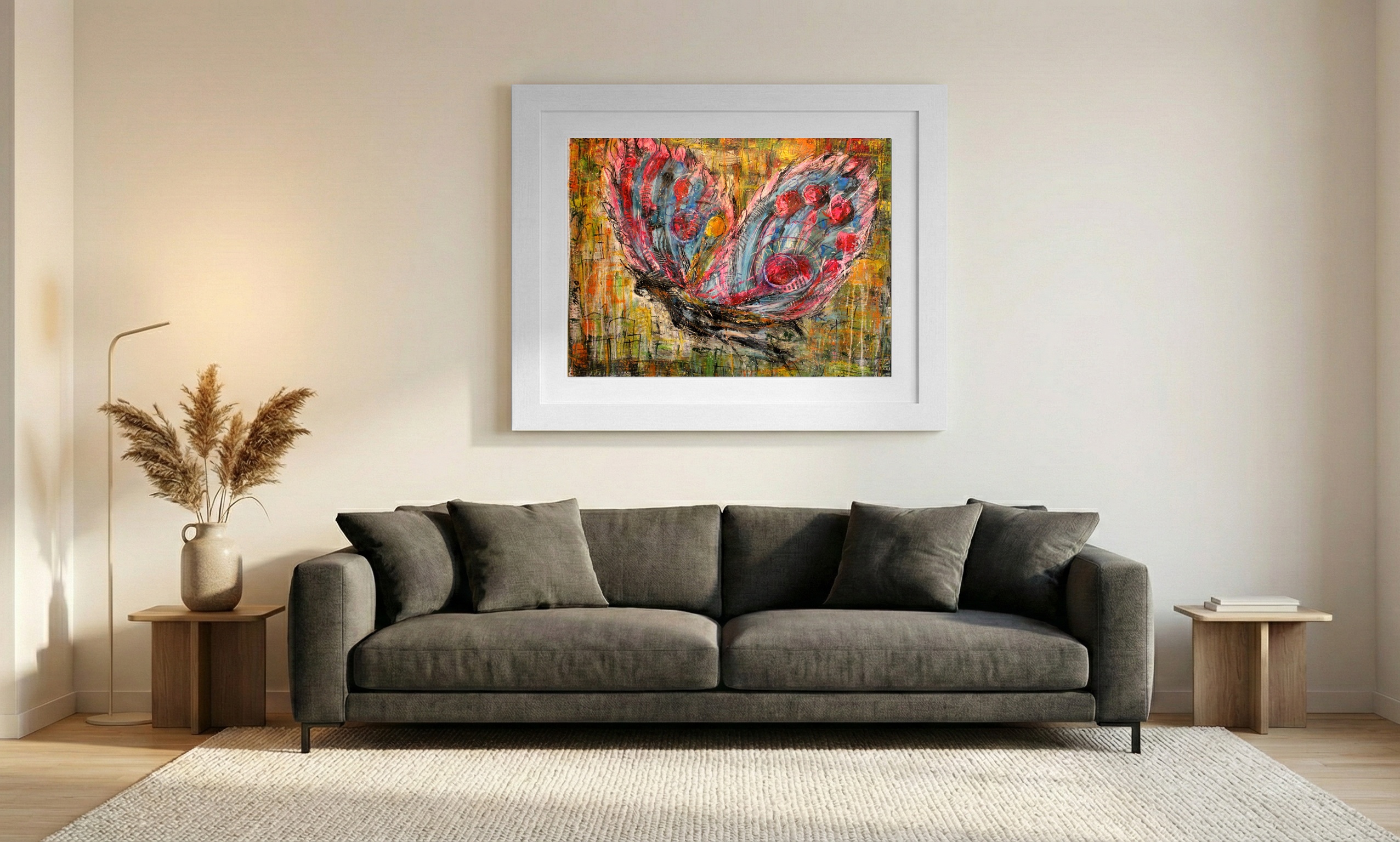 Blue and Red Butterfly Abstract — art on the wall, room interior preview 1