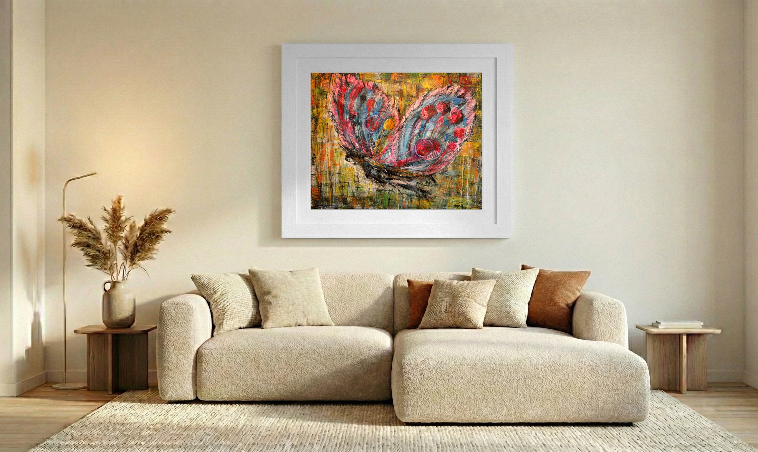 Blue and Red Butterfly Abstract — art on the wall, room interior preview 2