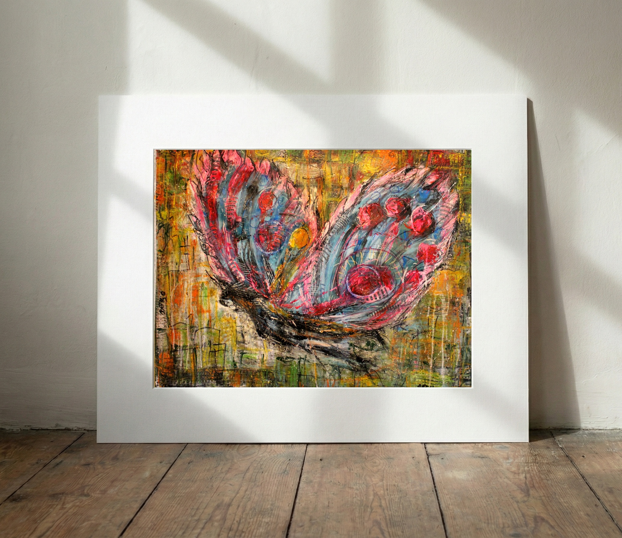 Blue and Red Butterfly Abstract — art on the wall, room interior preview 3