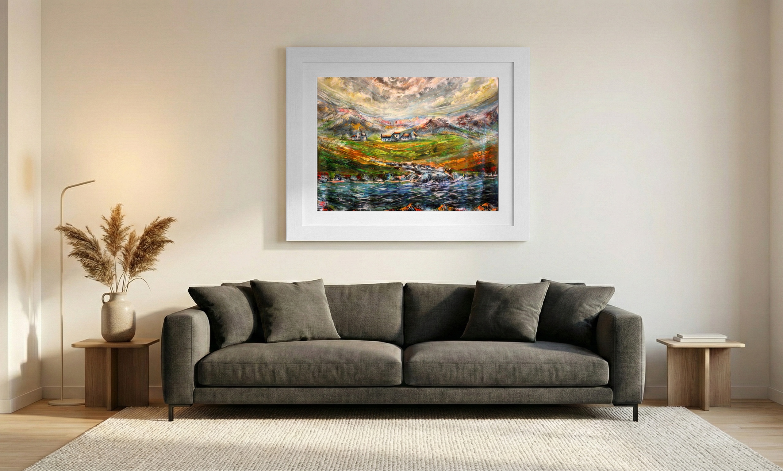 Green and Gray Irish Landscape — art on the wall, room interior preview 1