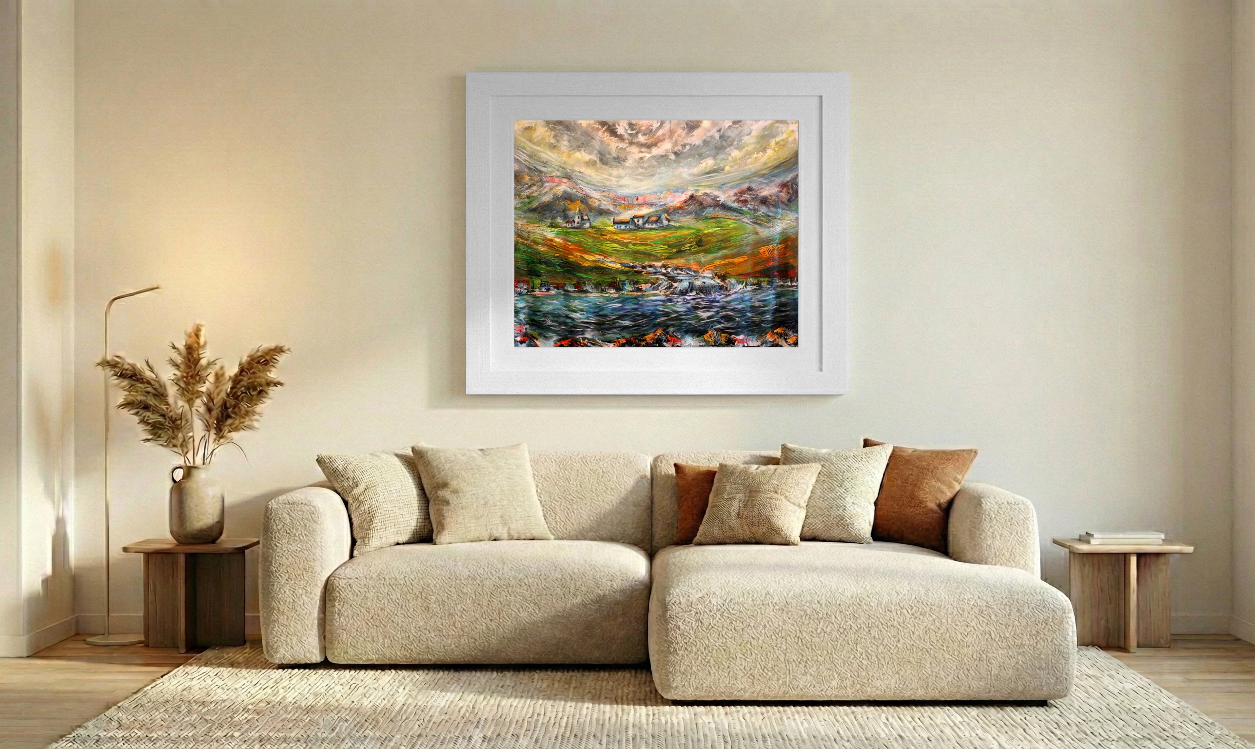 Green and Gray Irish Landscape — art on the wall, room interior preview 2