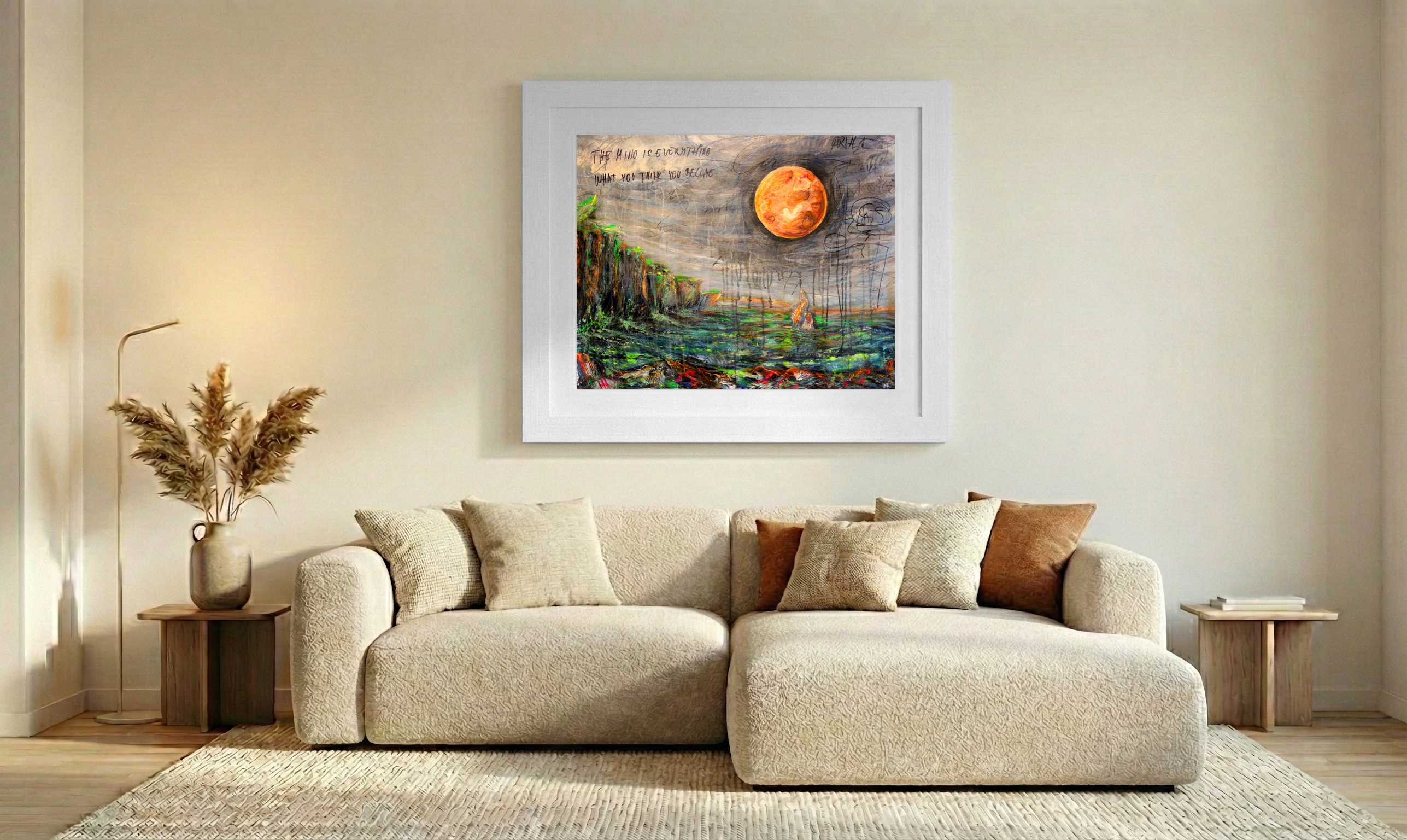 Gray Moon Over Dramatic Cliffs — art on the wall, room interior preview 2