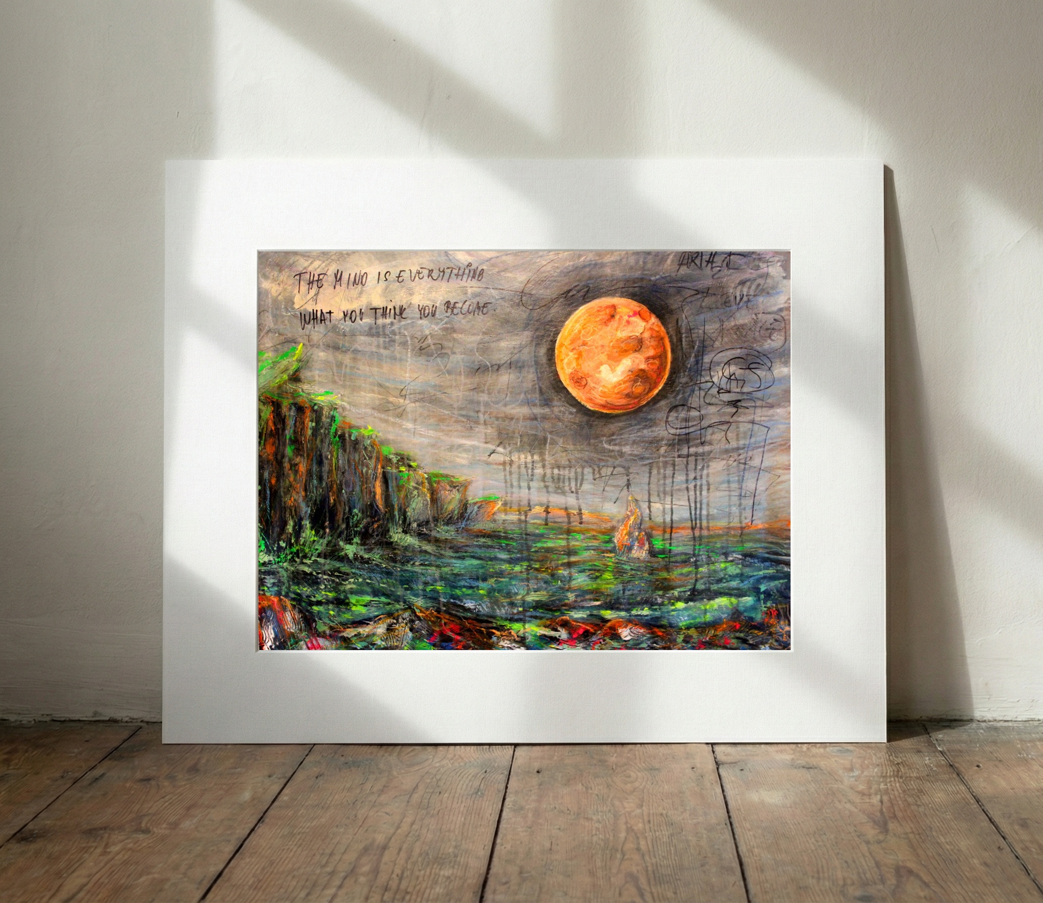 Gray Moon Over Dramatic Cliffs — art on the wall, room interior preview 3