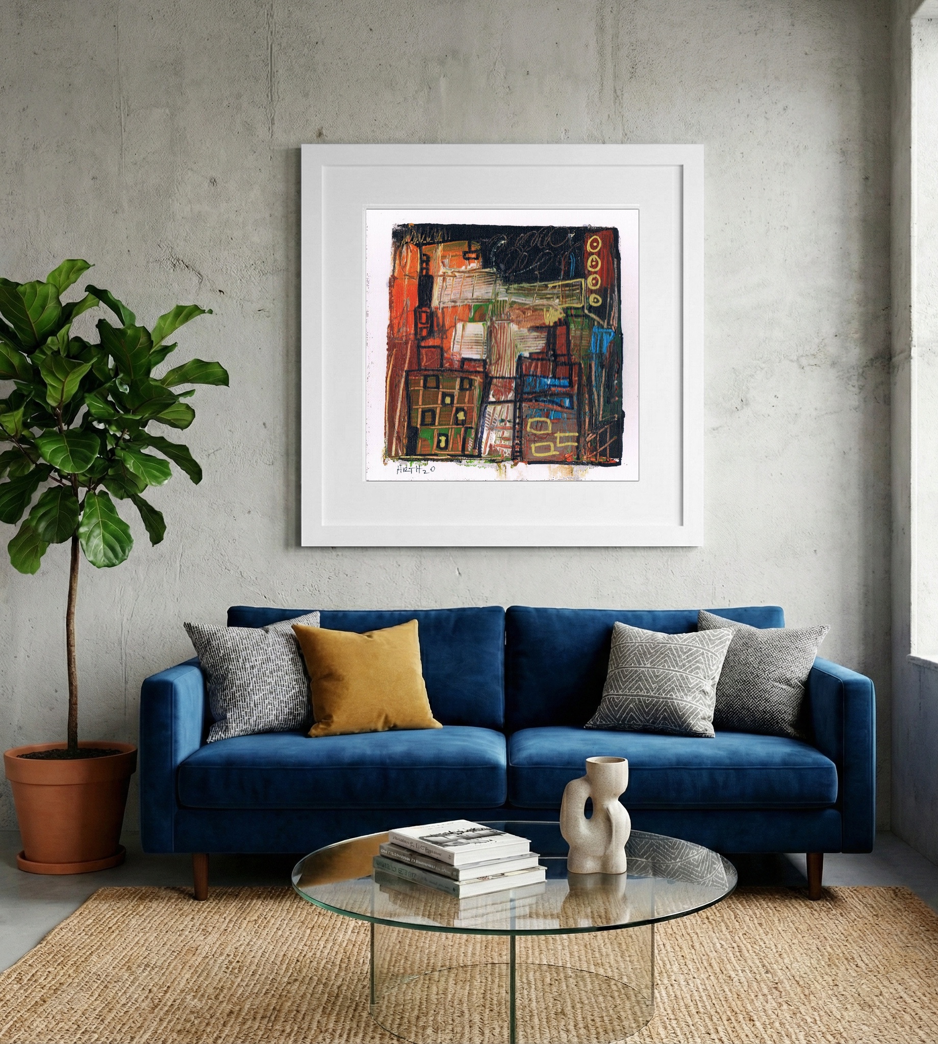 Orange and Green Urban Abstract — art on the wall, room interior preview 2