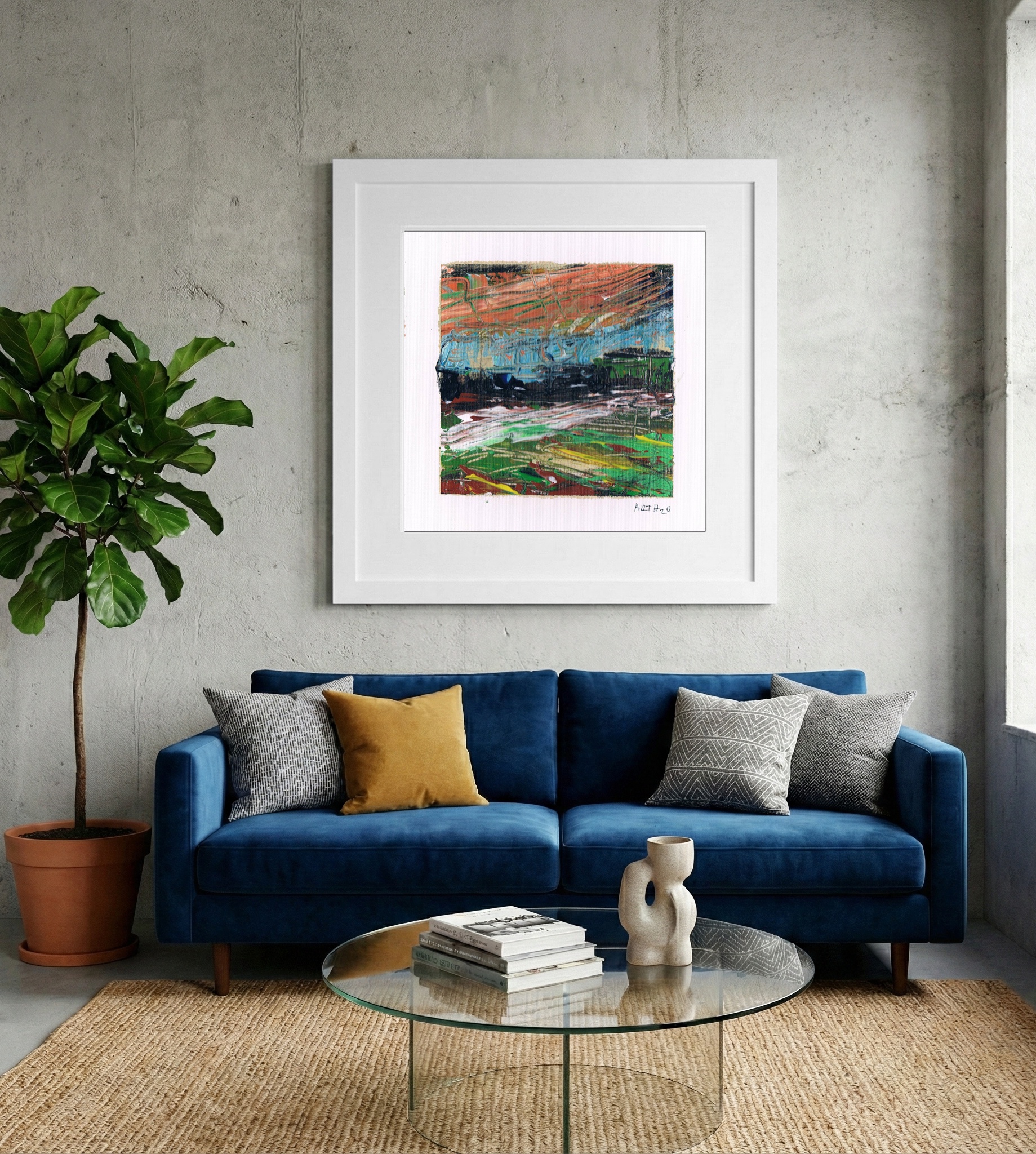 Ochre and Cerulean Bog Landscape — art on the wall, room interior preview 2