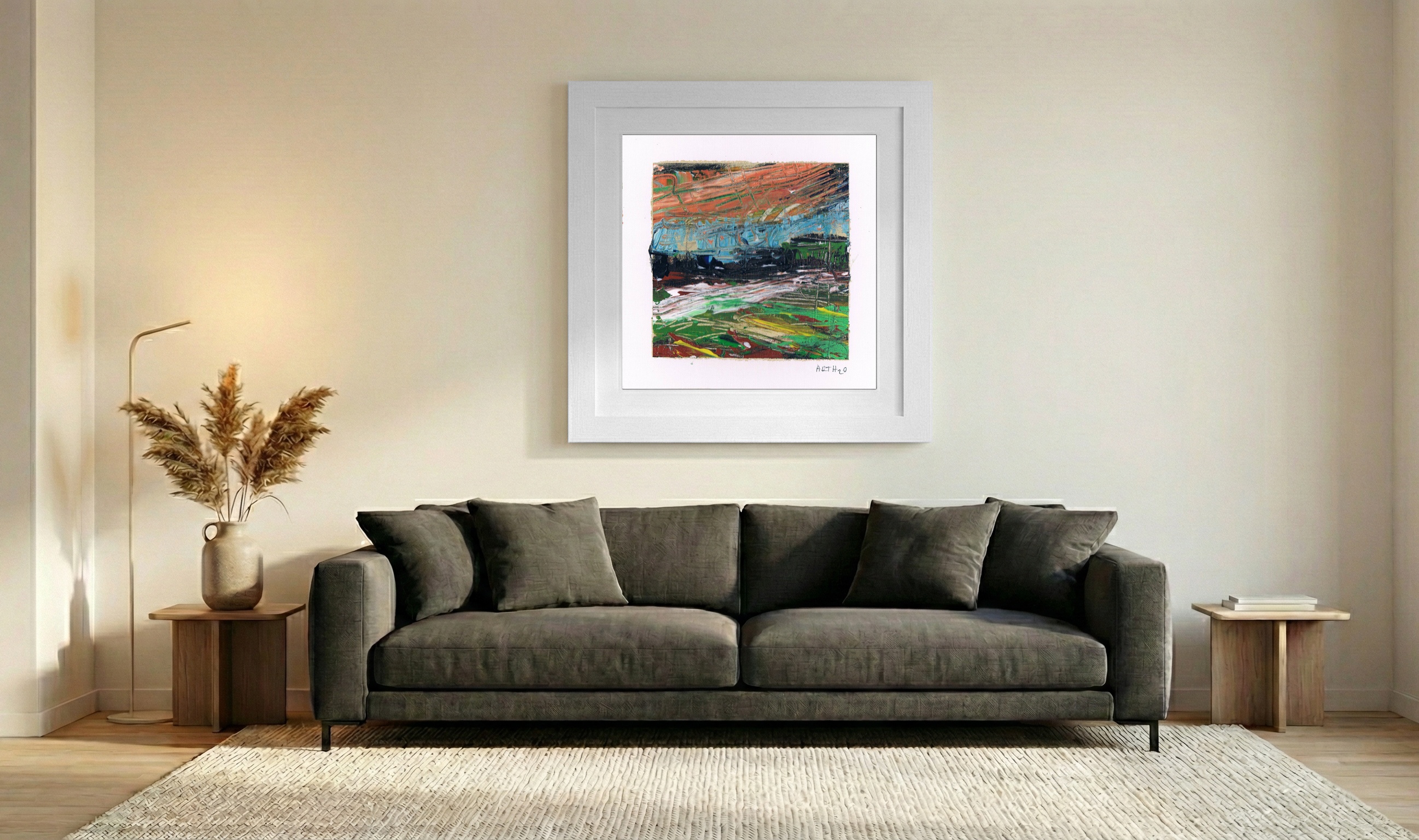 Ochre and Cerulean Bog Landscape — art on the wall, room interior preview 3