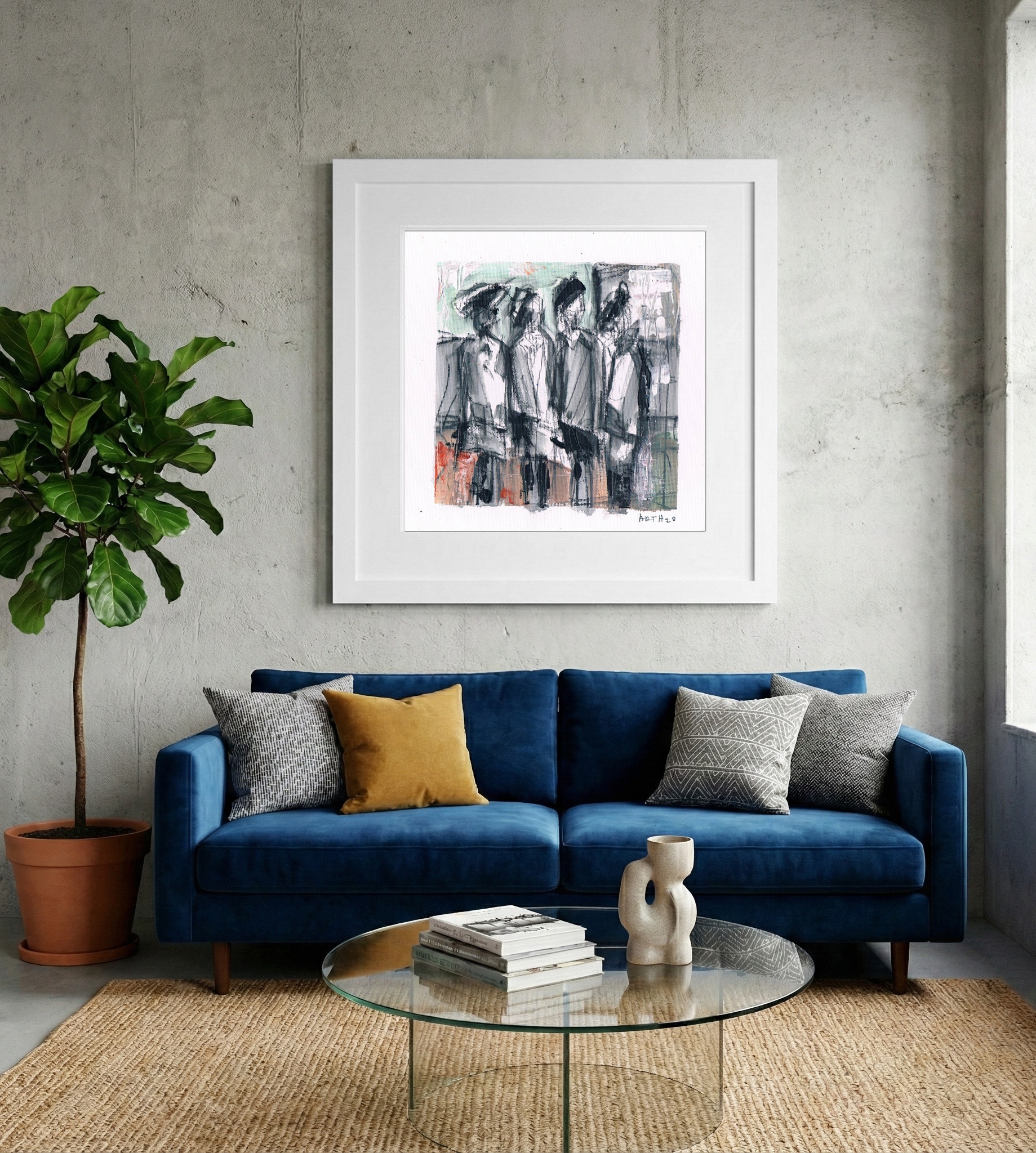 Figurative Urban Shoppers in Charcoal and Mint — art on the wall, room interior preview 2
