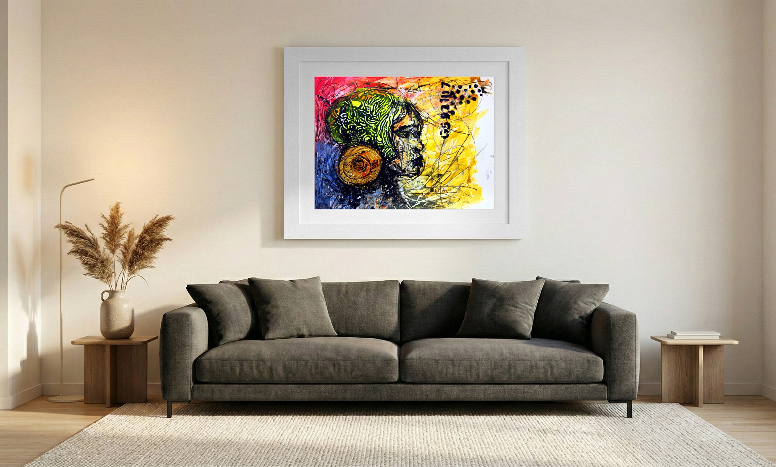 Conceptual AI Portrait in Lime and Gold — art on the wall, room interior preview 1