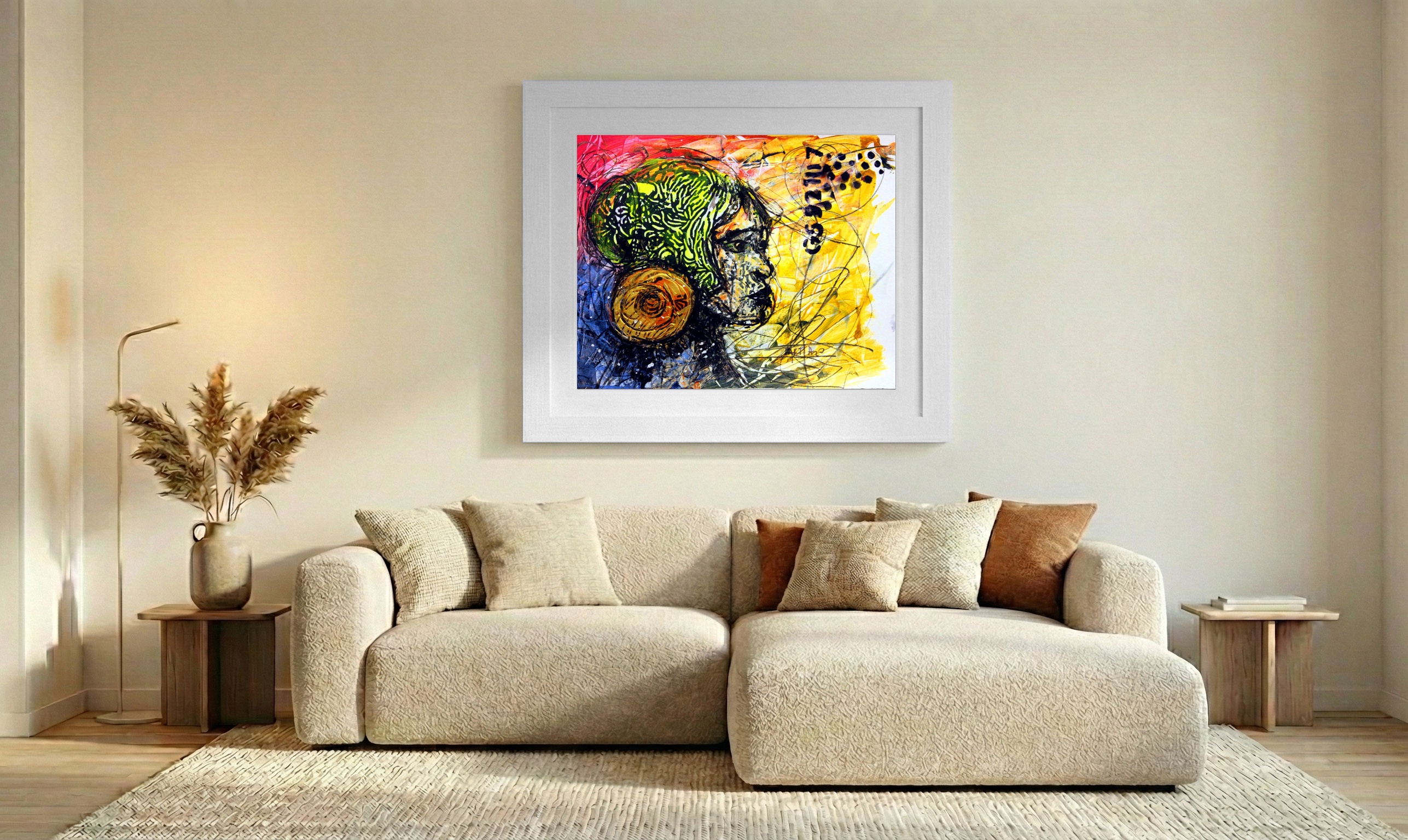 Conceptual AI Portrait in Lime and Gold — art on the wall, room interior preview 2