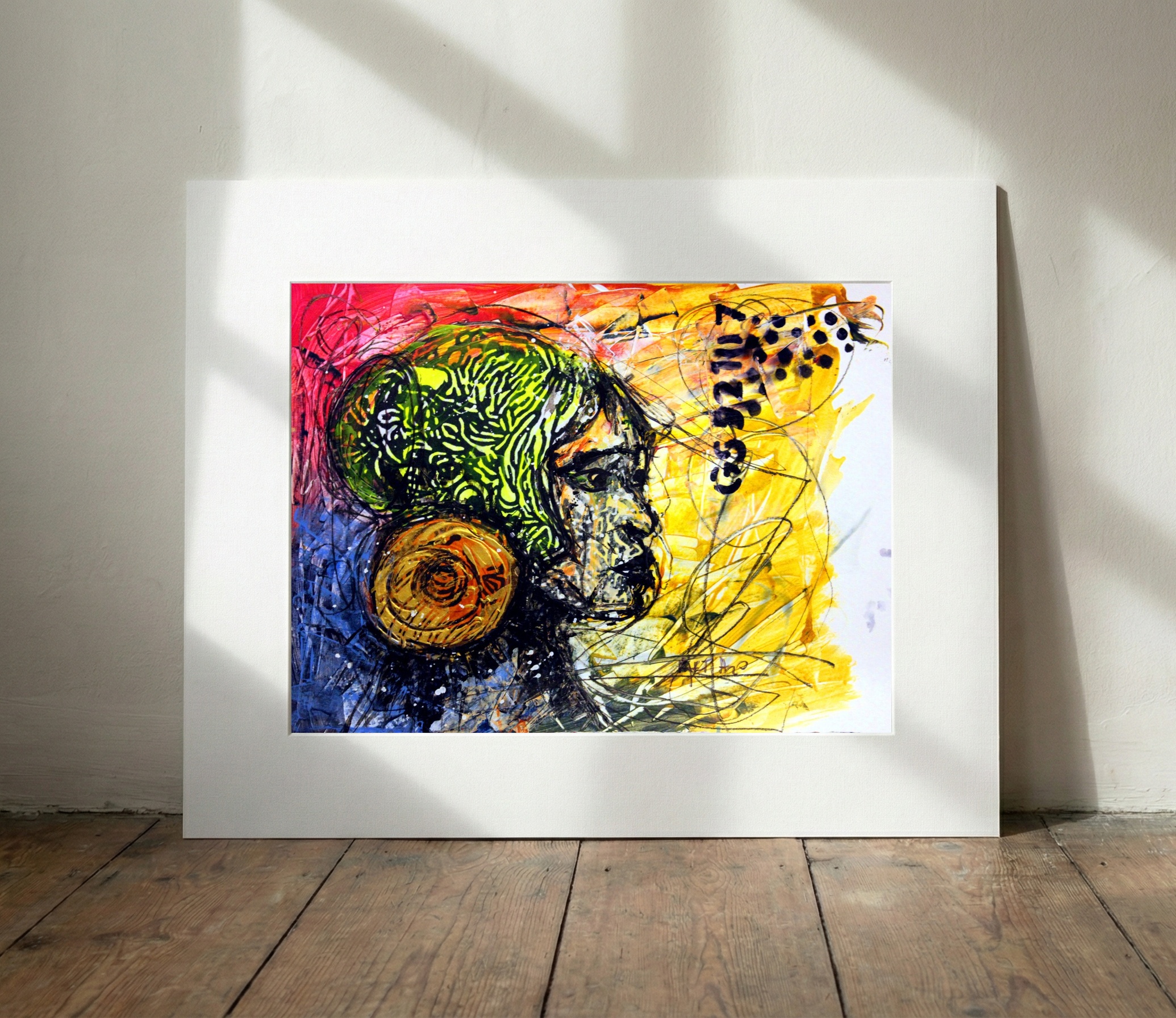 Conceptual AI Portrait in Lime and Gold — art on the wall, room interior preview 3