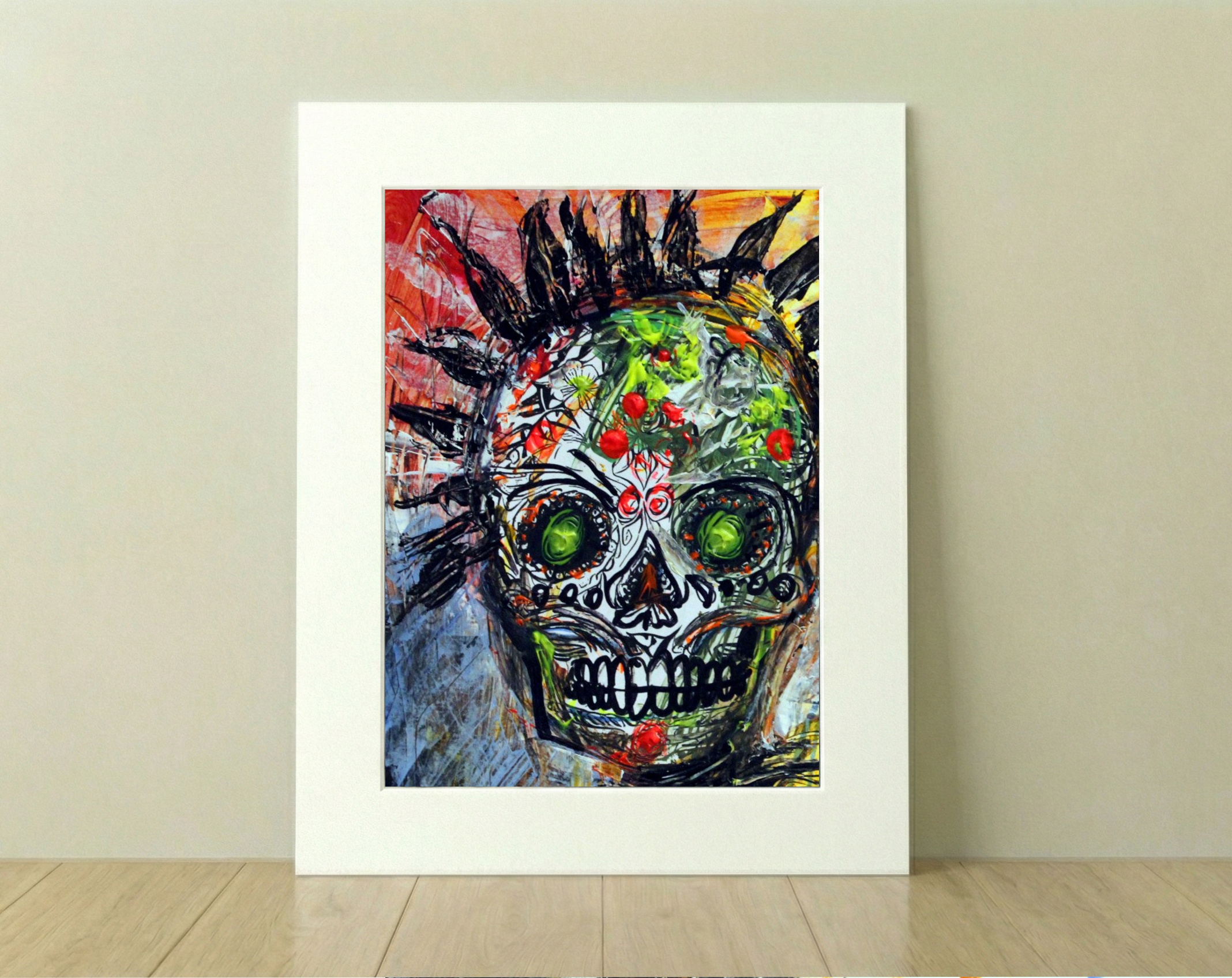 Punk Skull in Orange and Green — art on the wall, room interior preview 1