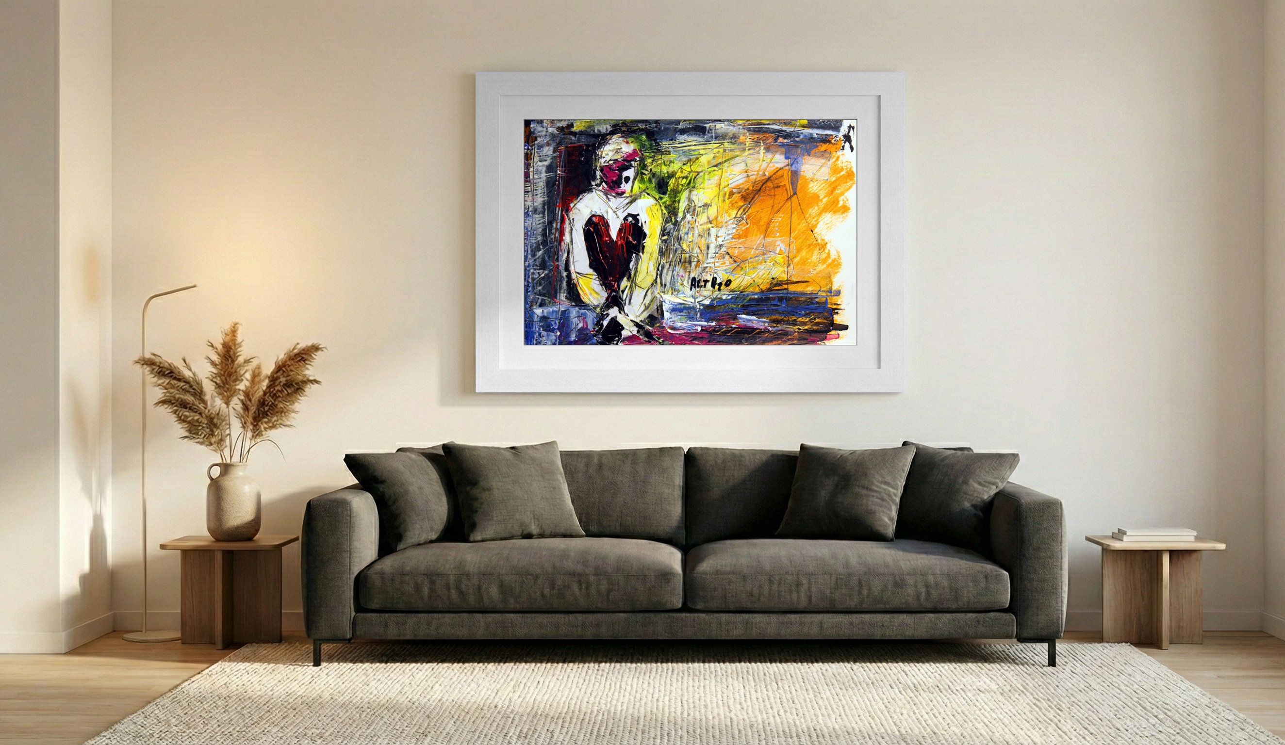 Emotional Abstract in Yellow and Red — art on the wall, room interior preview 2