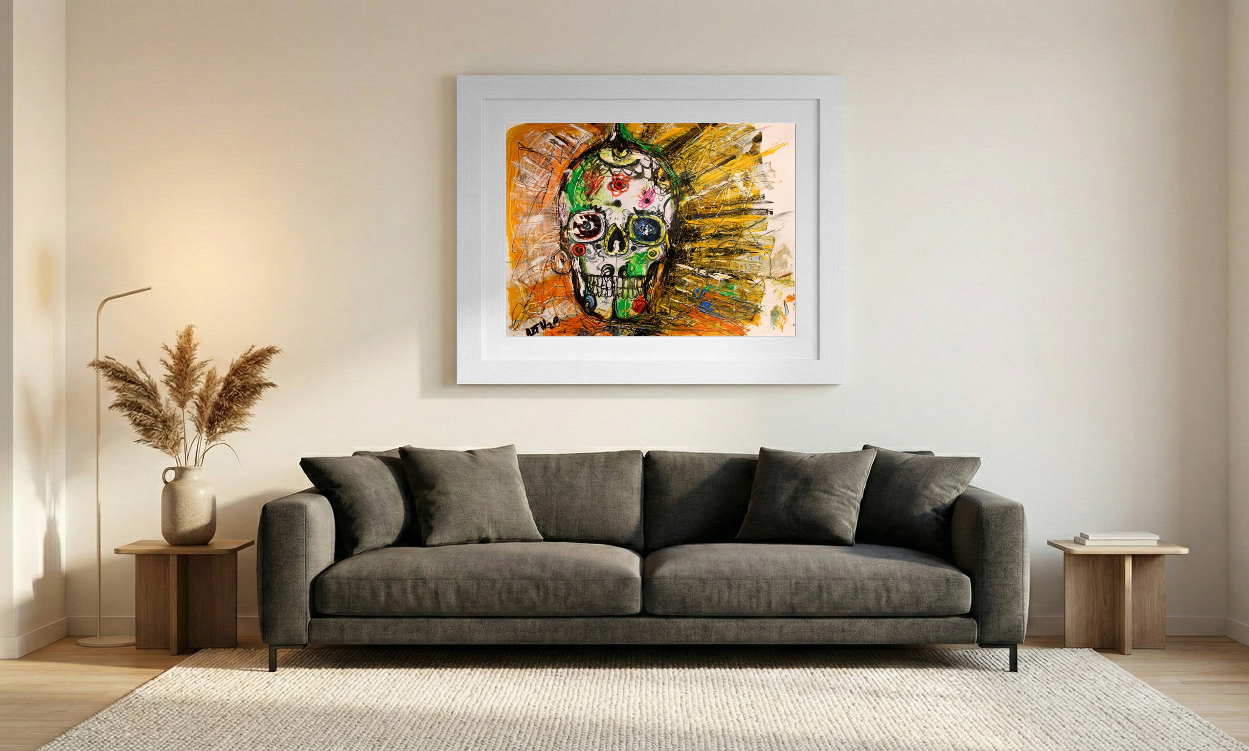Calavera Festiva in Marigold and Gold — art on the wall, room interior preview 1