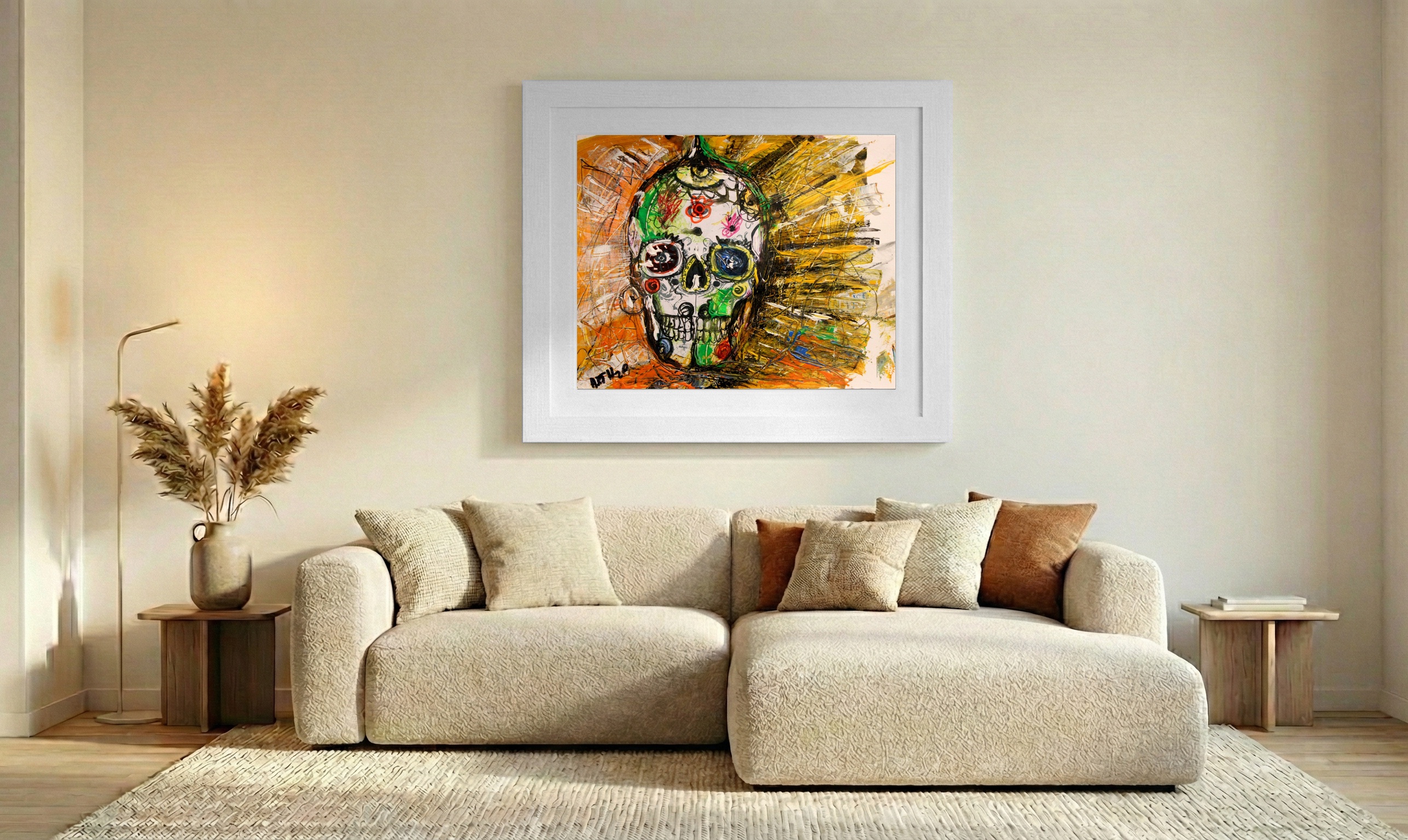 Calavera Festiva in Marigold and Gold — art on the wall, room interior preview 2