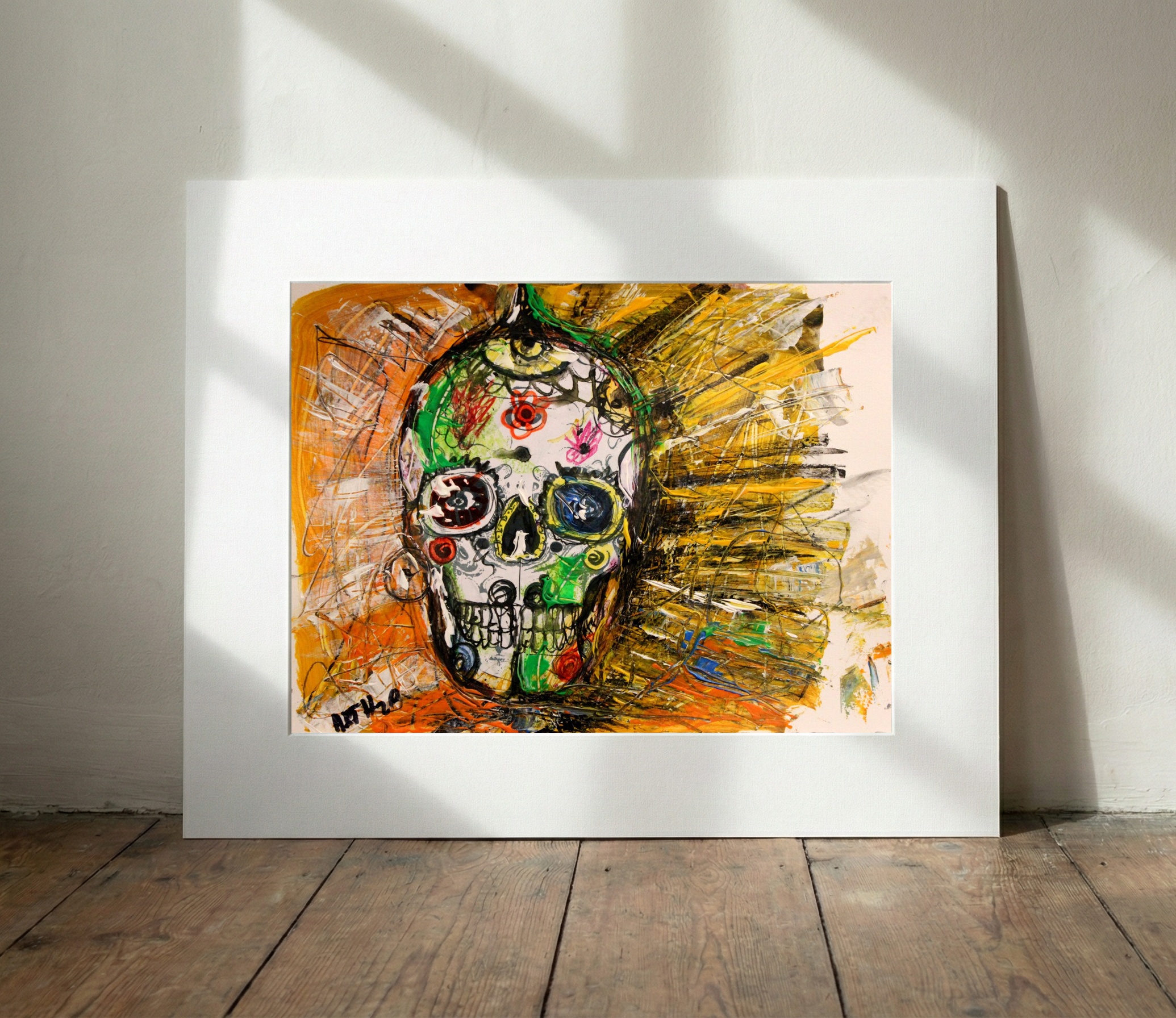 Calavera Festiva in Marigold and Gold — art on the wall, room interior preview 3