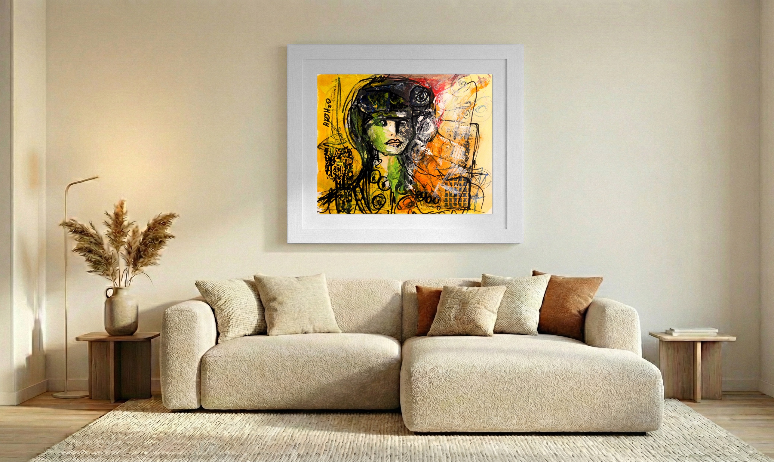 Cool Green and Red French Woman Portrait — art on the wall, room interior preview 1