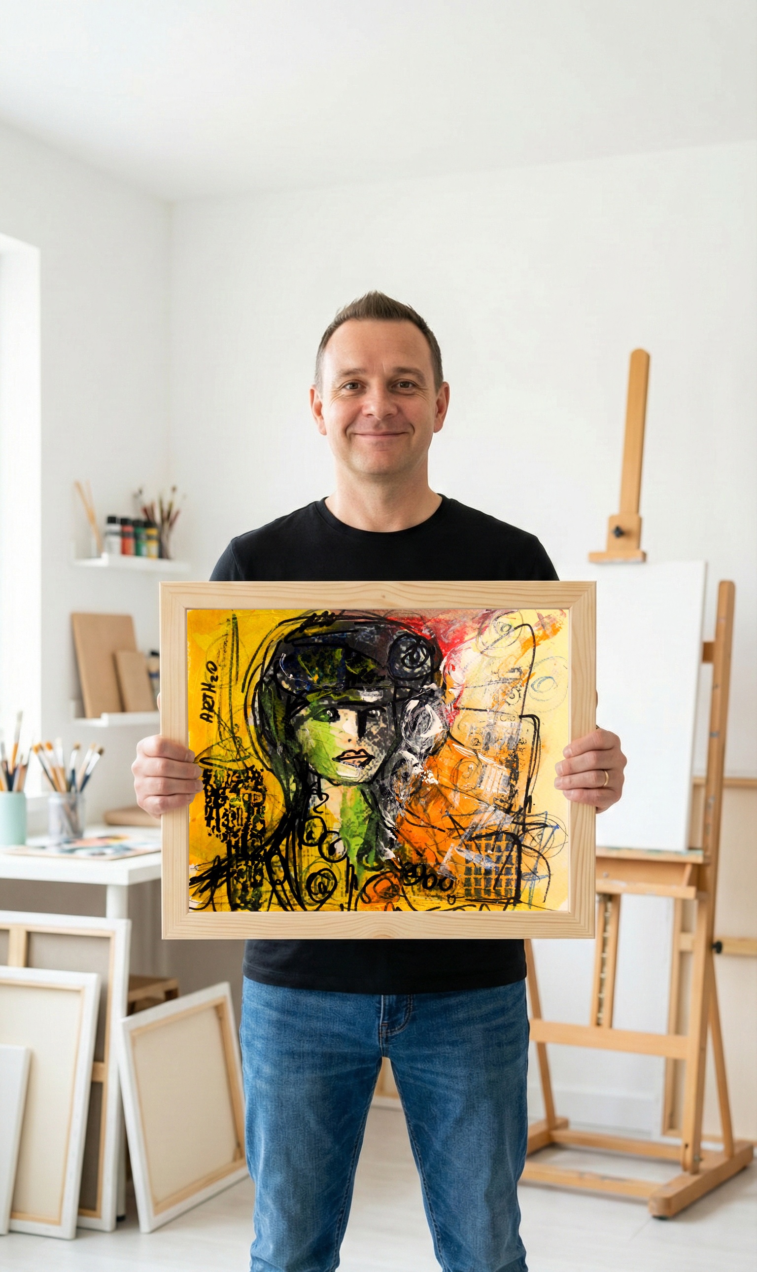 Cool Green and Red French Woman Portrait — art on the wall, room interior preview 2