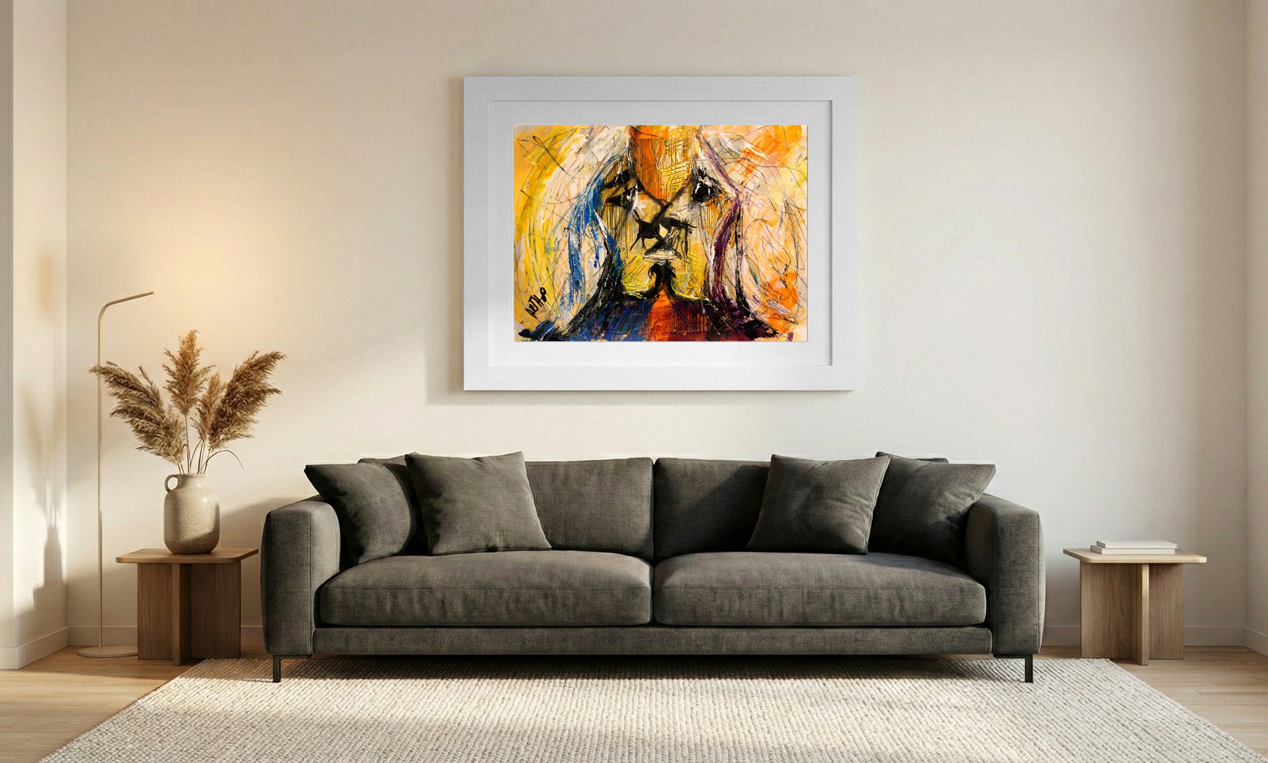 Neon Kiss in Shadowy Colors — art on the wall, room interior preview 1