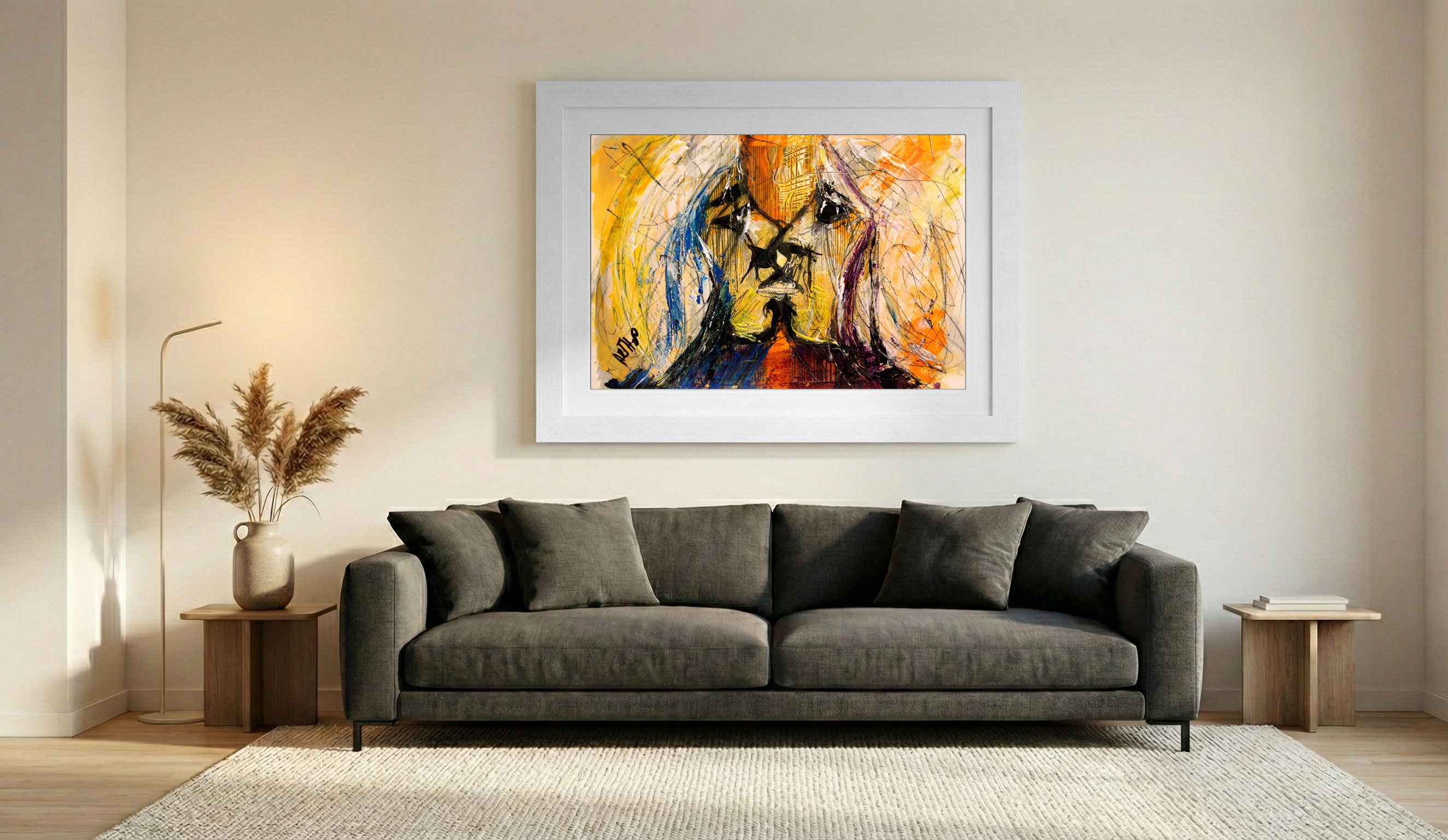 Neon Kiss in Shadowy Colors — art on the wall, room interior preview 2