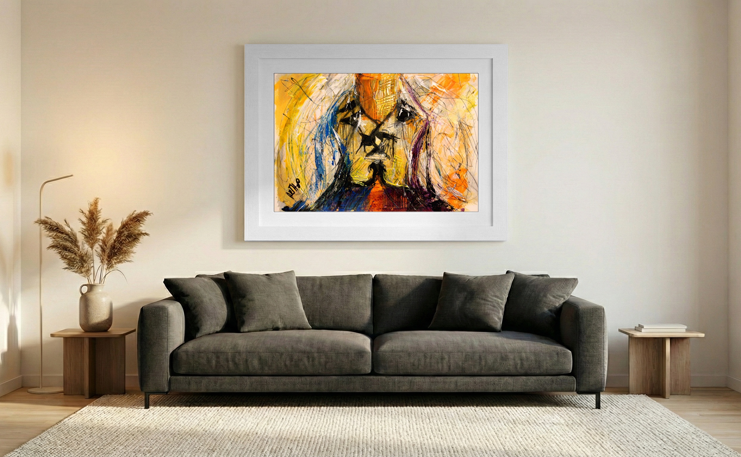 Neon Kiss in Shadowy Colors — art on the wall, room interior preview 3