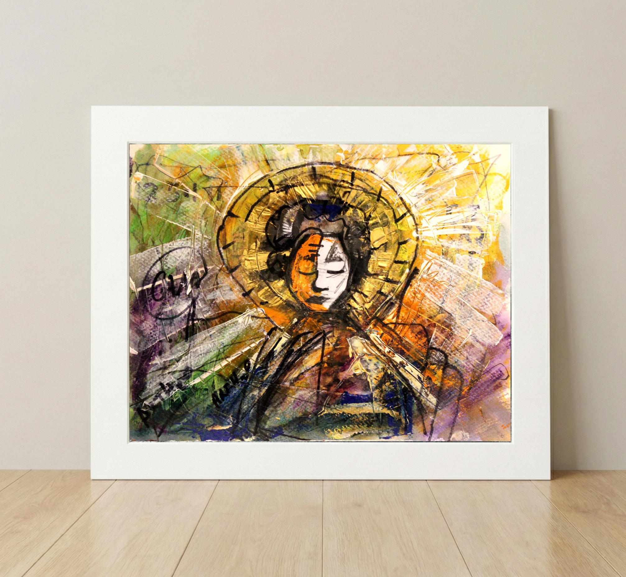 Japanese Woman in Abstract Colors — art on the wall, room interior preview 2
