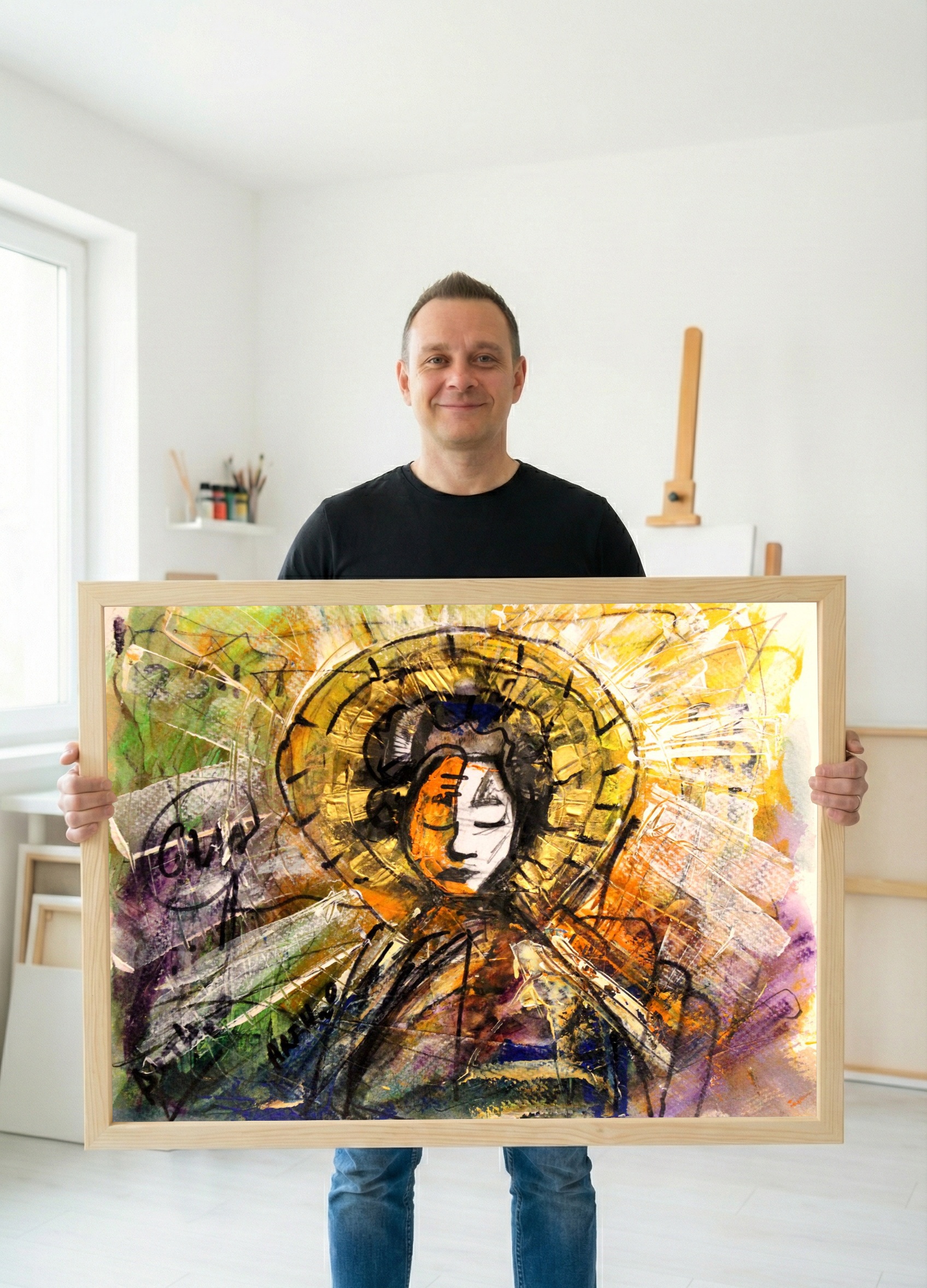 Japanese Woman in Abstract Colors — art on the wall, room interior preview 3