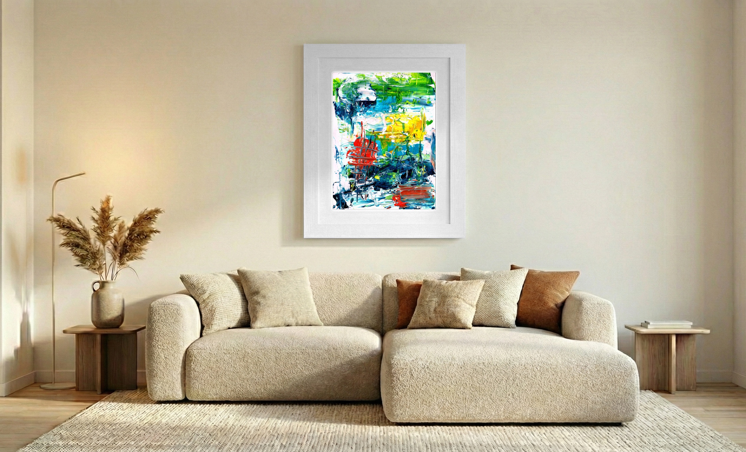 Dynamic Abstract in Cerulean and Red — art on the wall, room interior preview 1