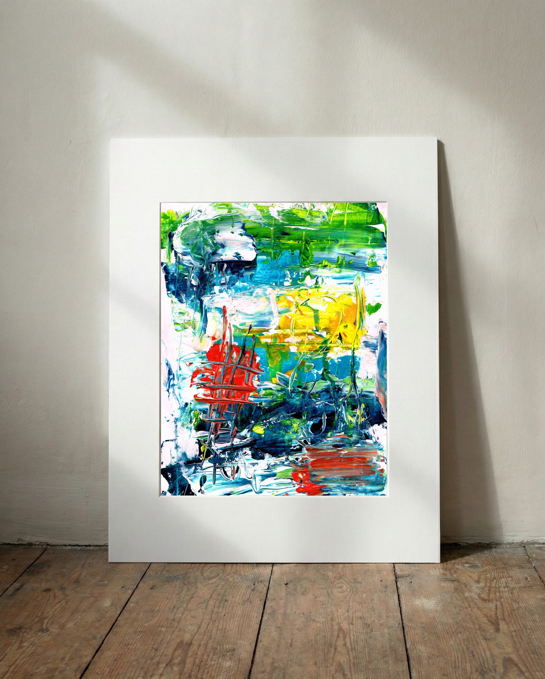 Dynamic Abstract in Cerulean and Red — art on the wall, room interior preview 2