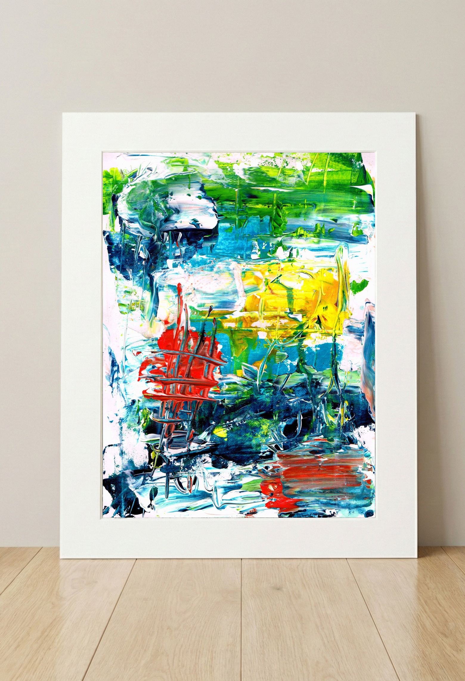 Dynamic Abstract in Cerulean and Red — art on the wall, room interior preview 3