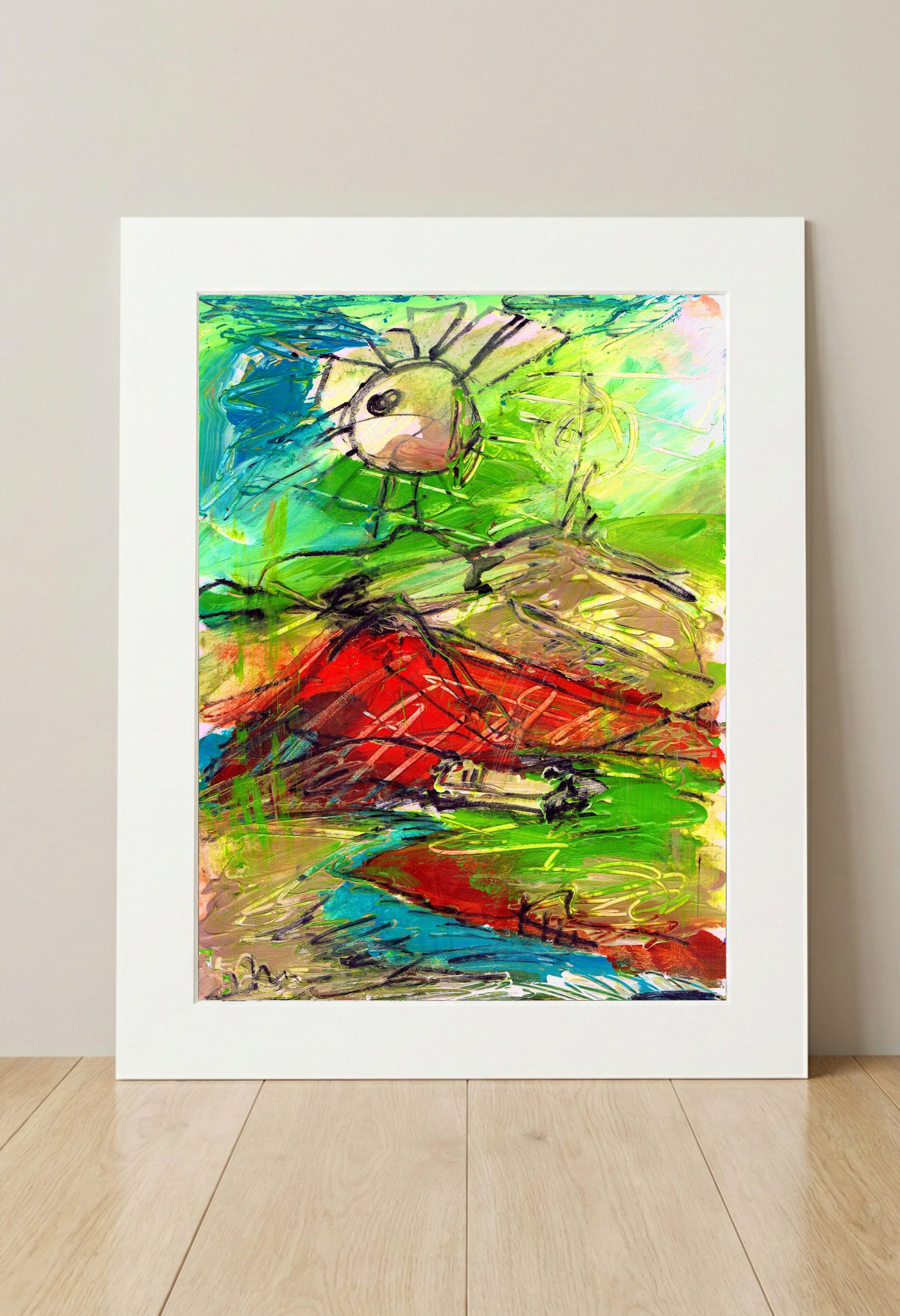 Energetic Landscape in Red and Green — art on the wall, room interior preview 3