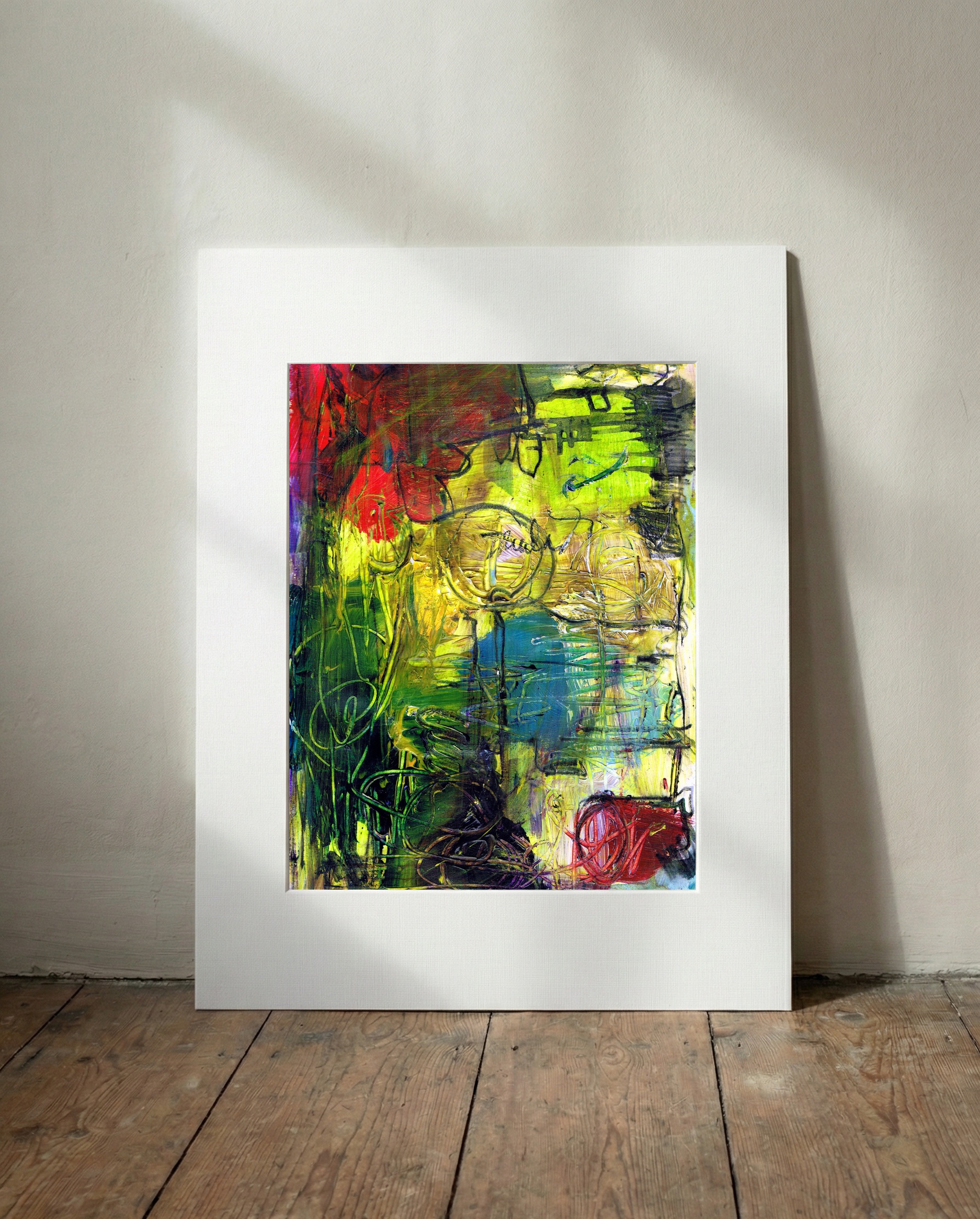 Earthy Energy in Green and Ochre — art on the wall, room interior preview 2