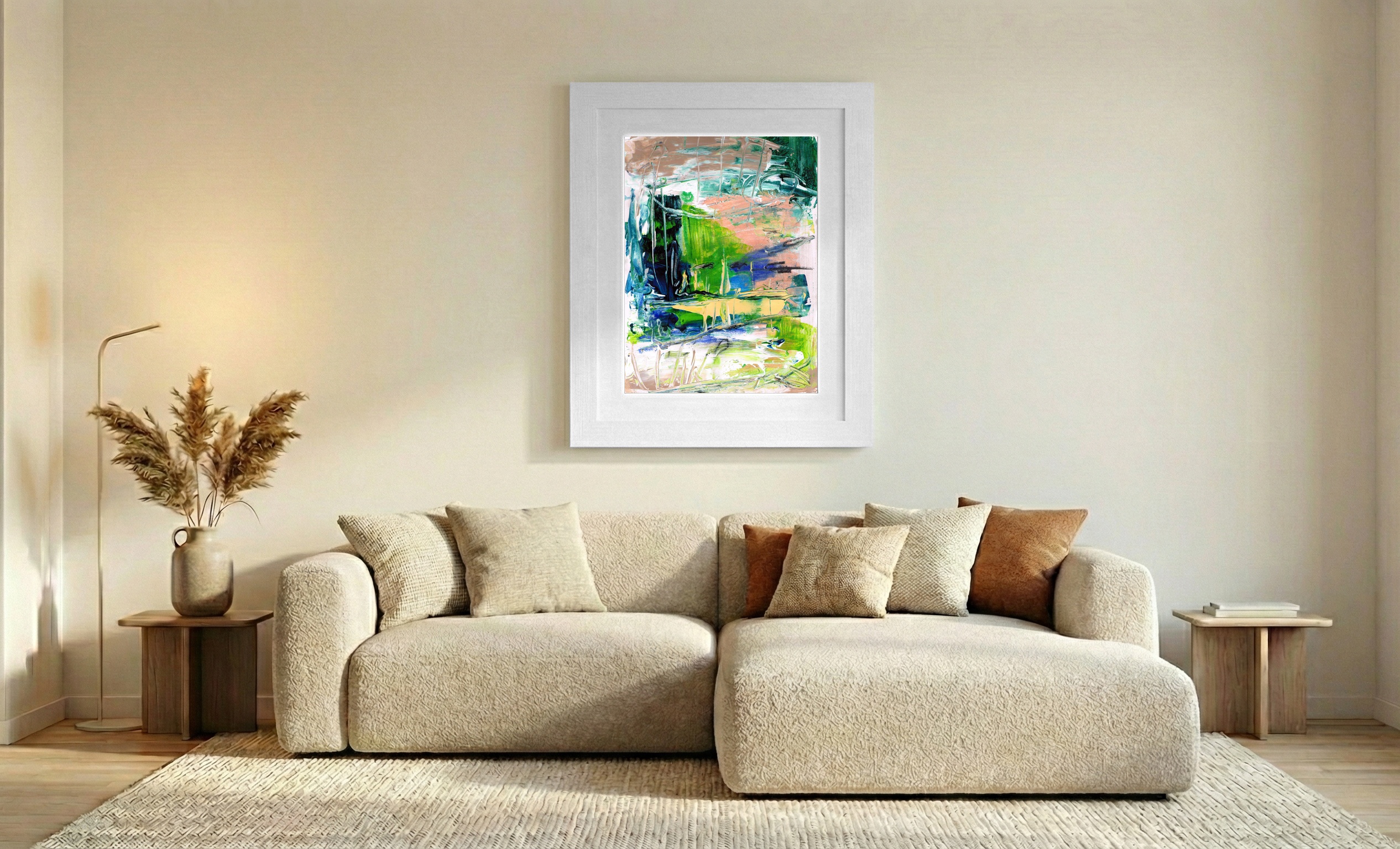 Misty Calm in Emerald and Peach — art on the wall, room interior preview 1