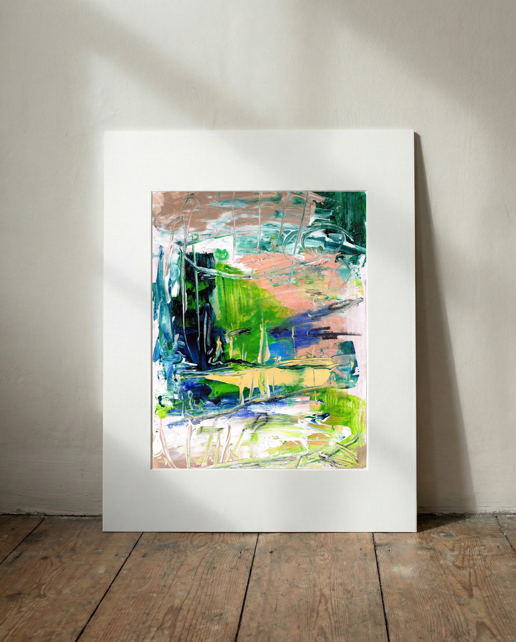 Misty Calm in Emerald and Peach — art on the wall, room interior preview 2