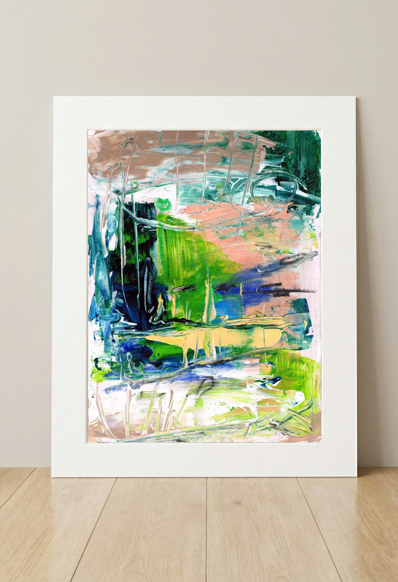 Misty Calm in Emerald and Peach — art on the wall, room interior preview 3