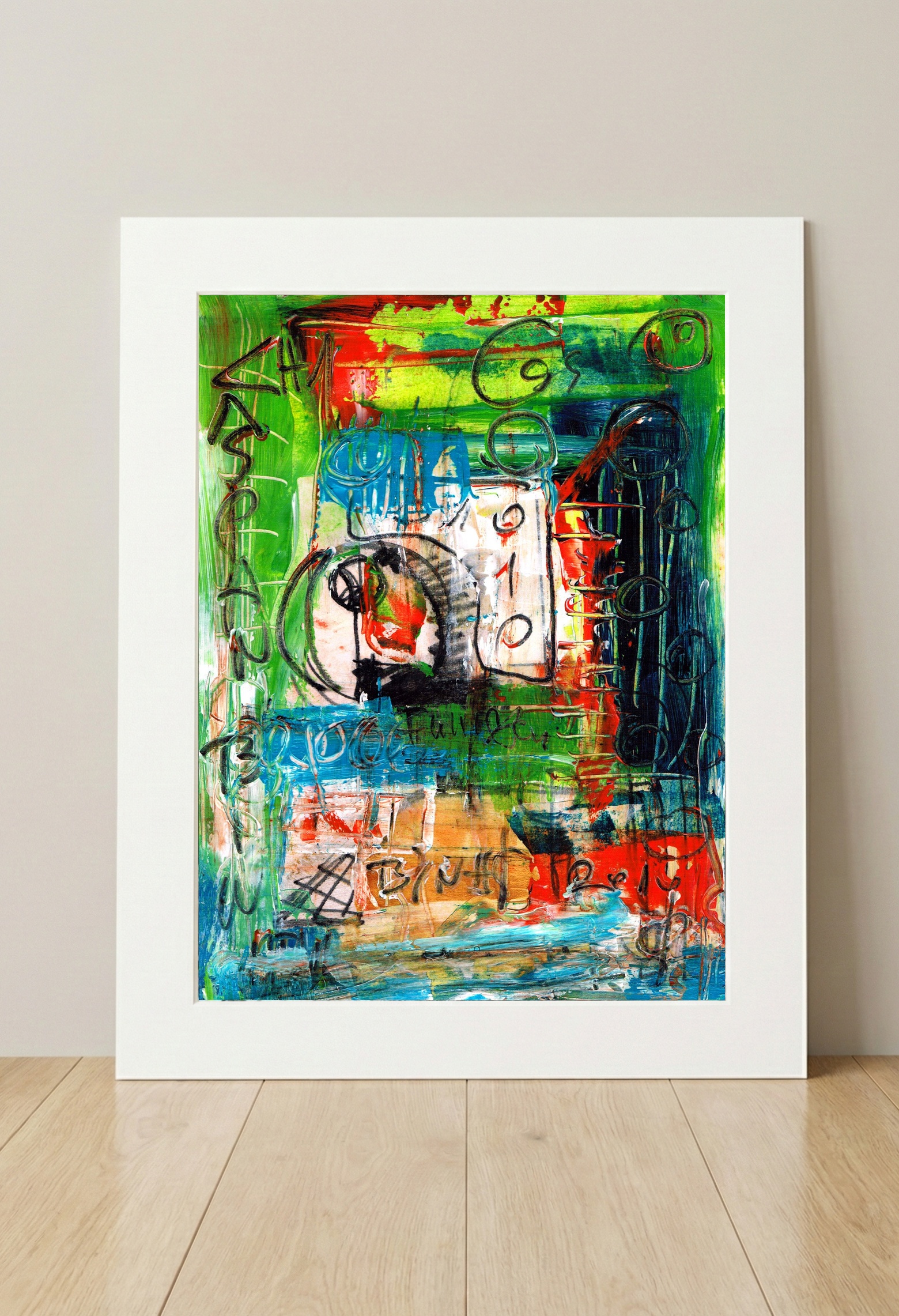 Digital Chaos in Green and Red — art on the wall, room interior preview 3