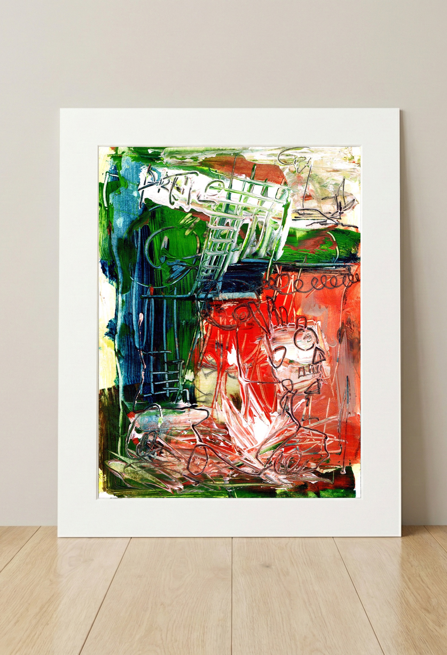Red and Green Industrial Abstract — art on the wall, room interior preview 3