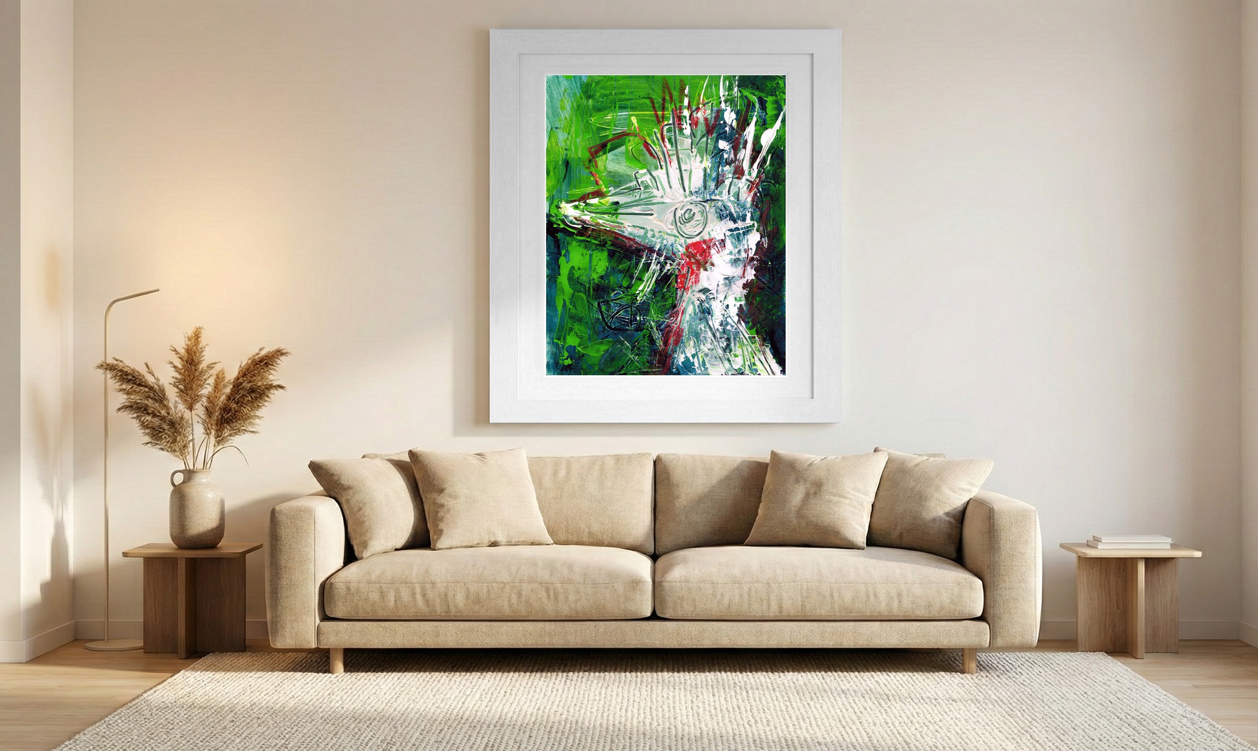 Green and White Avian Energy — art on the wall, room interior preview 1