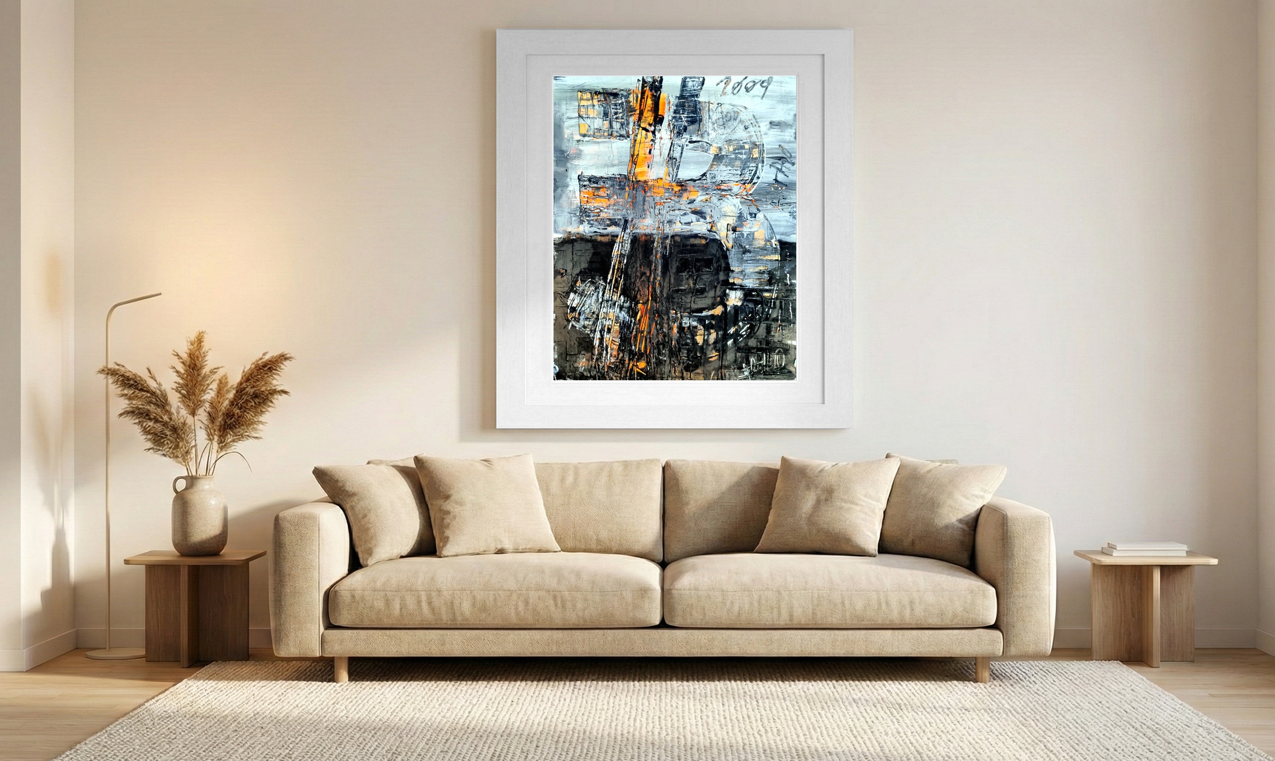 Bitcoin Symbol in Fire and Shadow — art on the wall, room interior preview 1