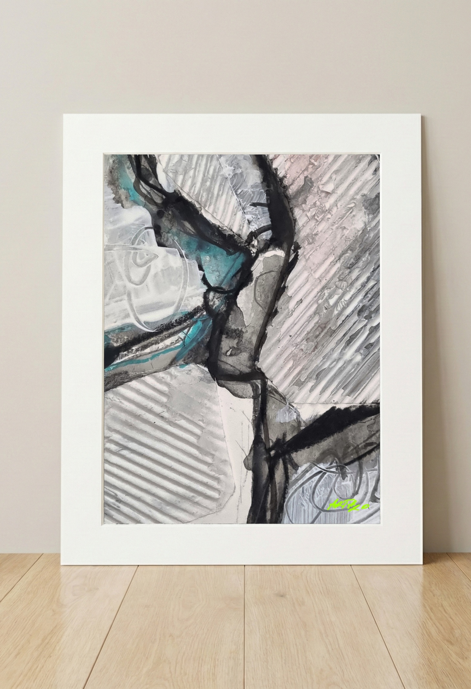 Gray, Black, and Turquoise Abstract Composition — art on the wall, room interior preview 1