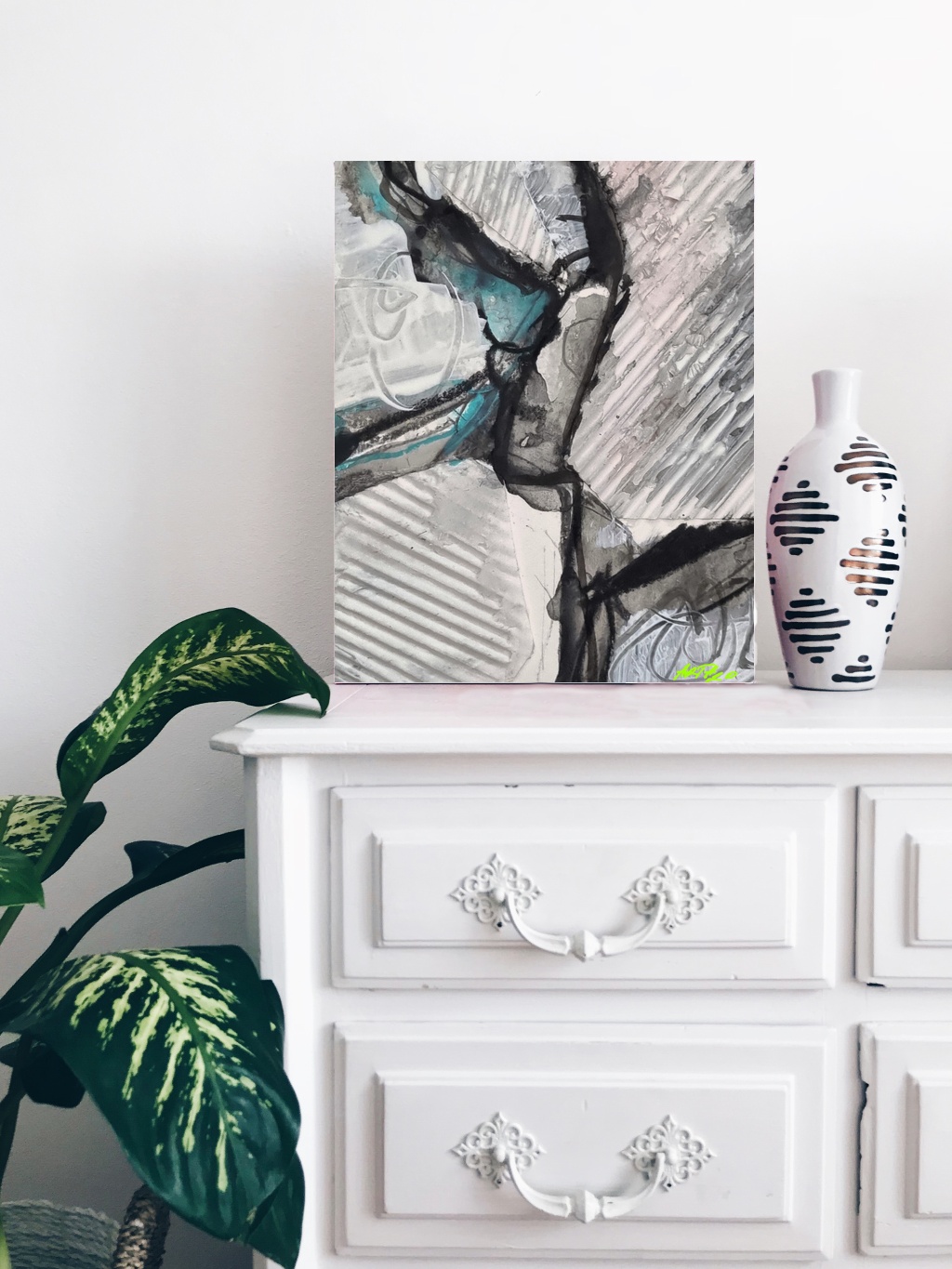 Gray, Black, and Turquoise Abstract Composition — art on the wall, room interior preview 2