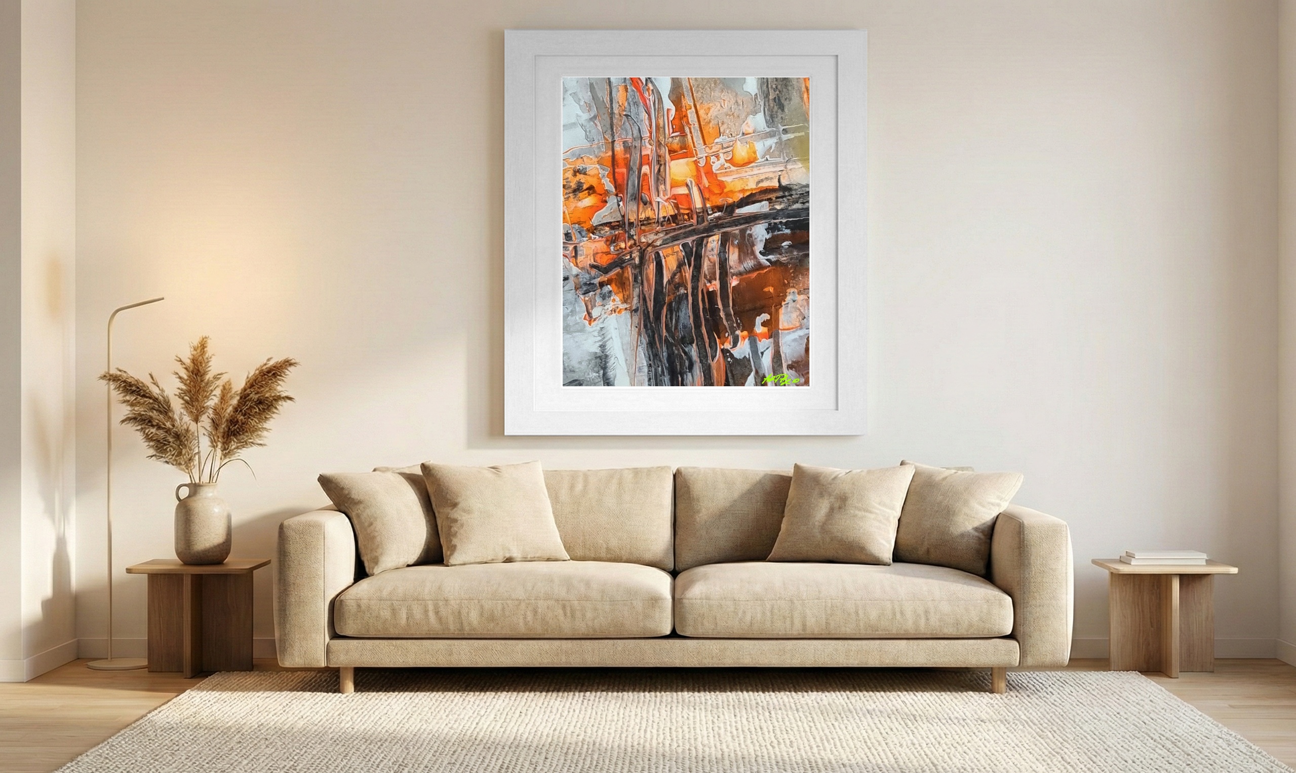 Abstract Structures in Orange and Grey — art on the wall, room interior preview 1