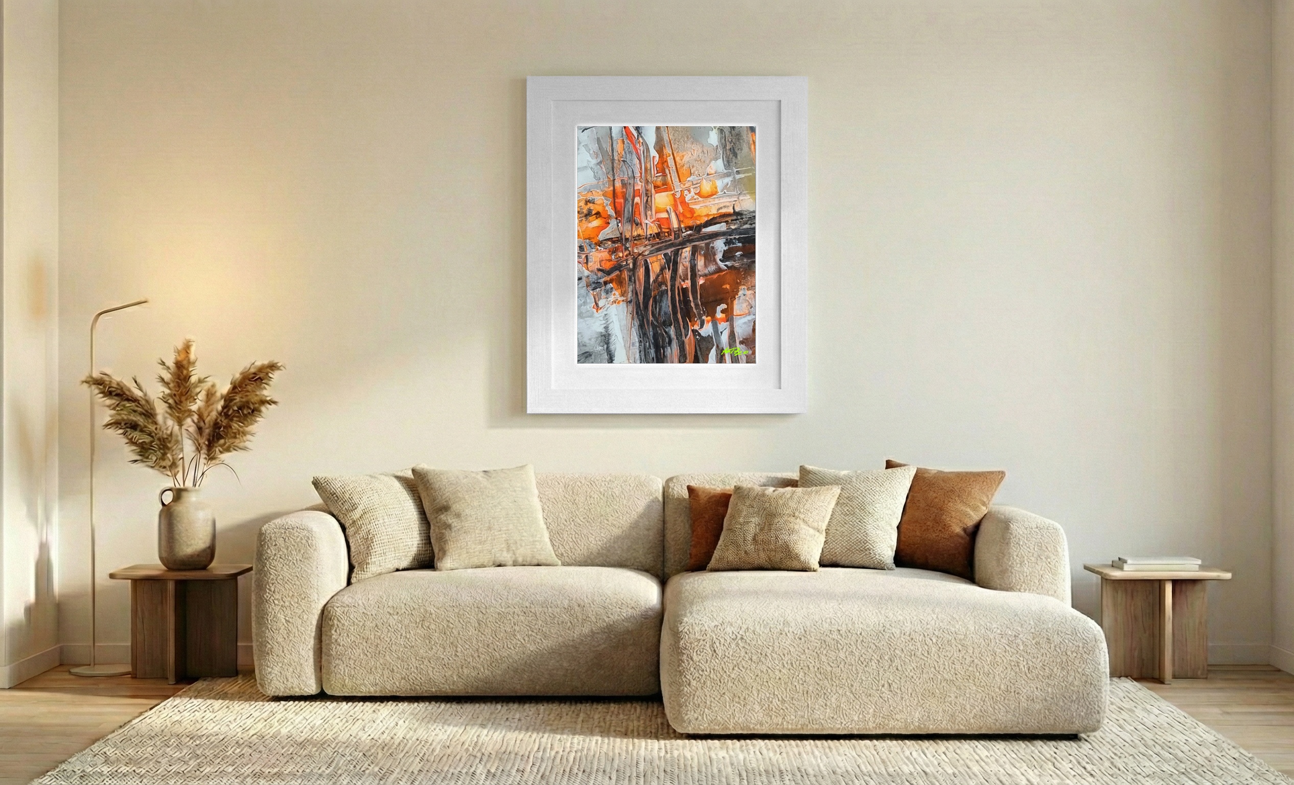 Abstract Structures in Orange and Grey — art on the wall, room interior preview 2