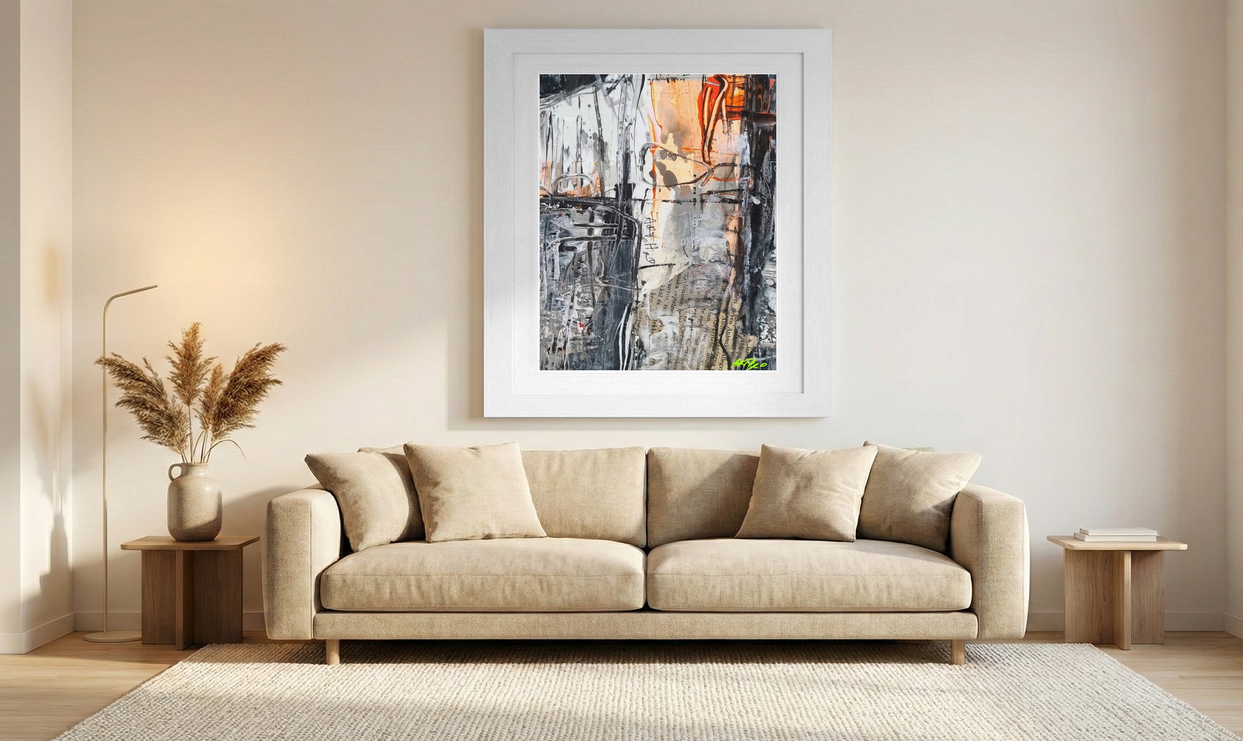 Abstract Narrative in Black and Orange — art on the wall, room interior preview 1