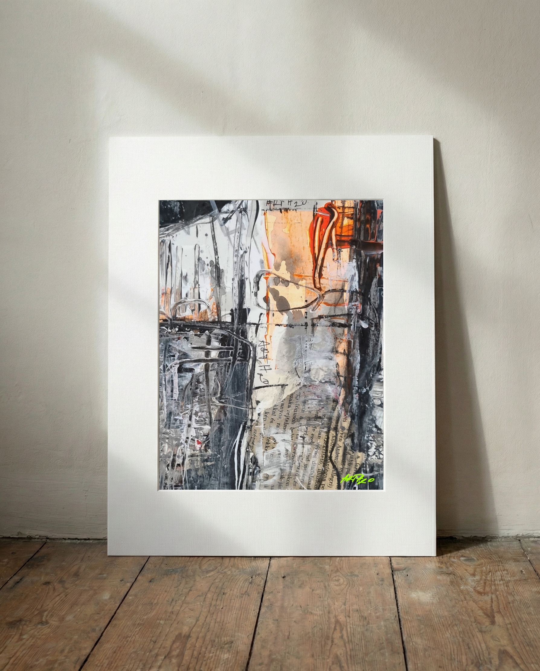 Abstract Narrative in Black and Orange — art on the wall, room interior preview 3