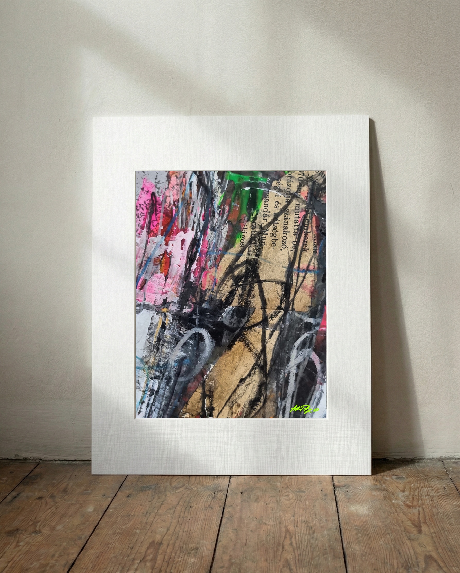 Vibrant Collage in Gold and Pink — art on the wall, room interior preview 3