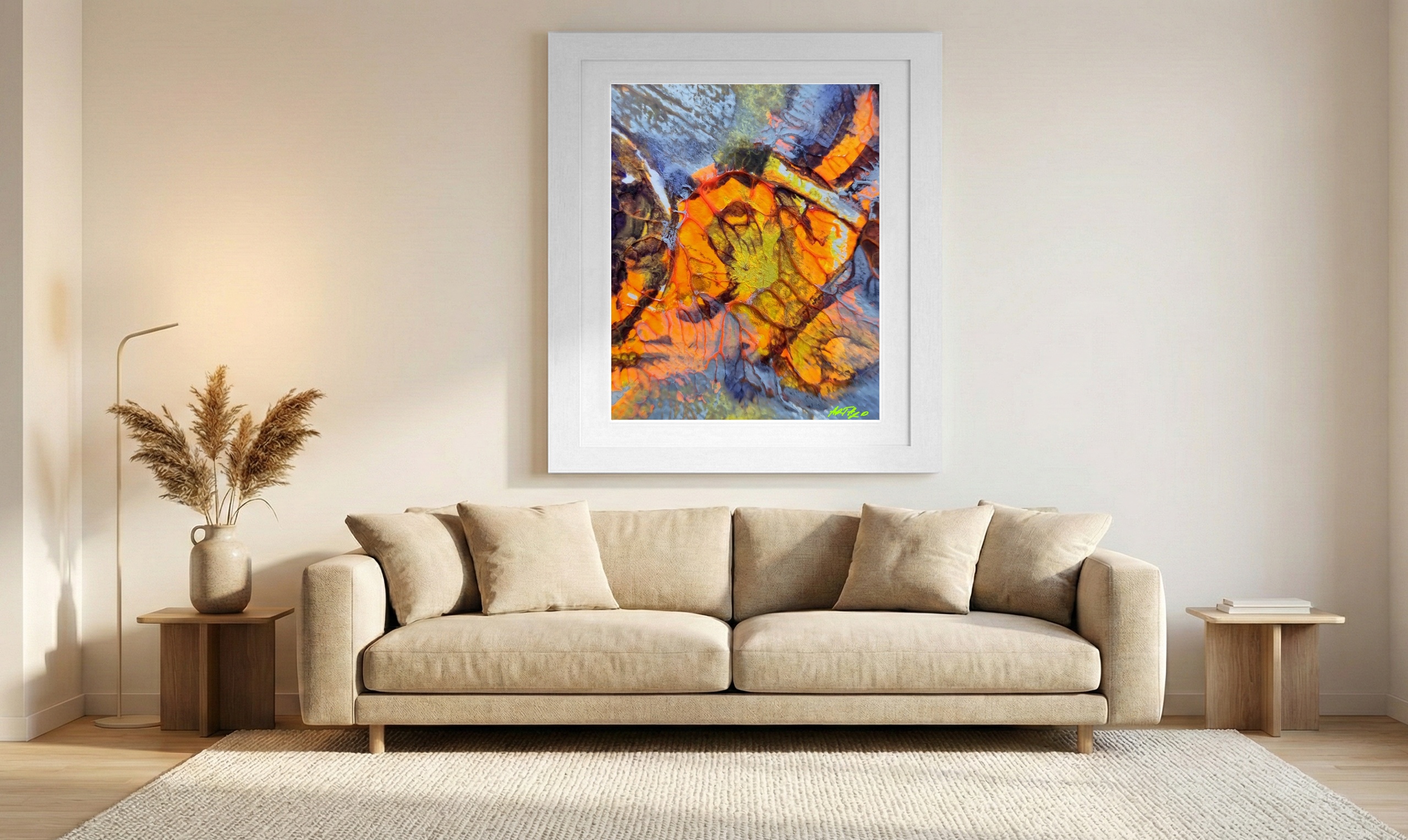 Fiery Orange and Grey Organic Abstract — art on the wall, room interior preview 1